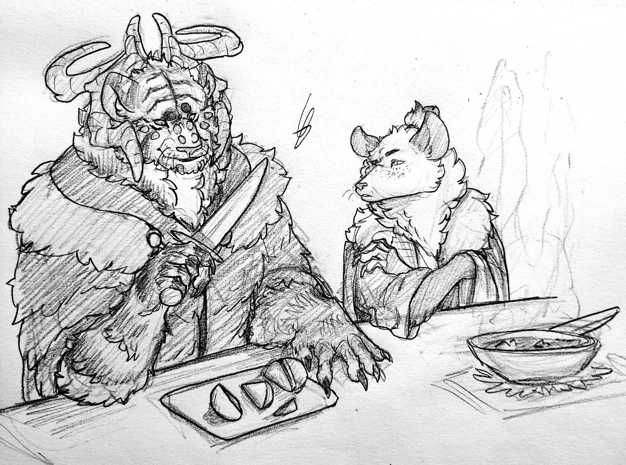 Zhao, a large tiger-looking tabaxi with horns, looks down at the knife he is holding, with uncertainty as a very inefficiently cut potatoe lies on a cutting board in front of him. To his right, Naida, an anthropomorphic possum, stands in front of a cooking pan, while giving Zhao a judgemental but soft side-eye in disbelief.