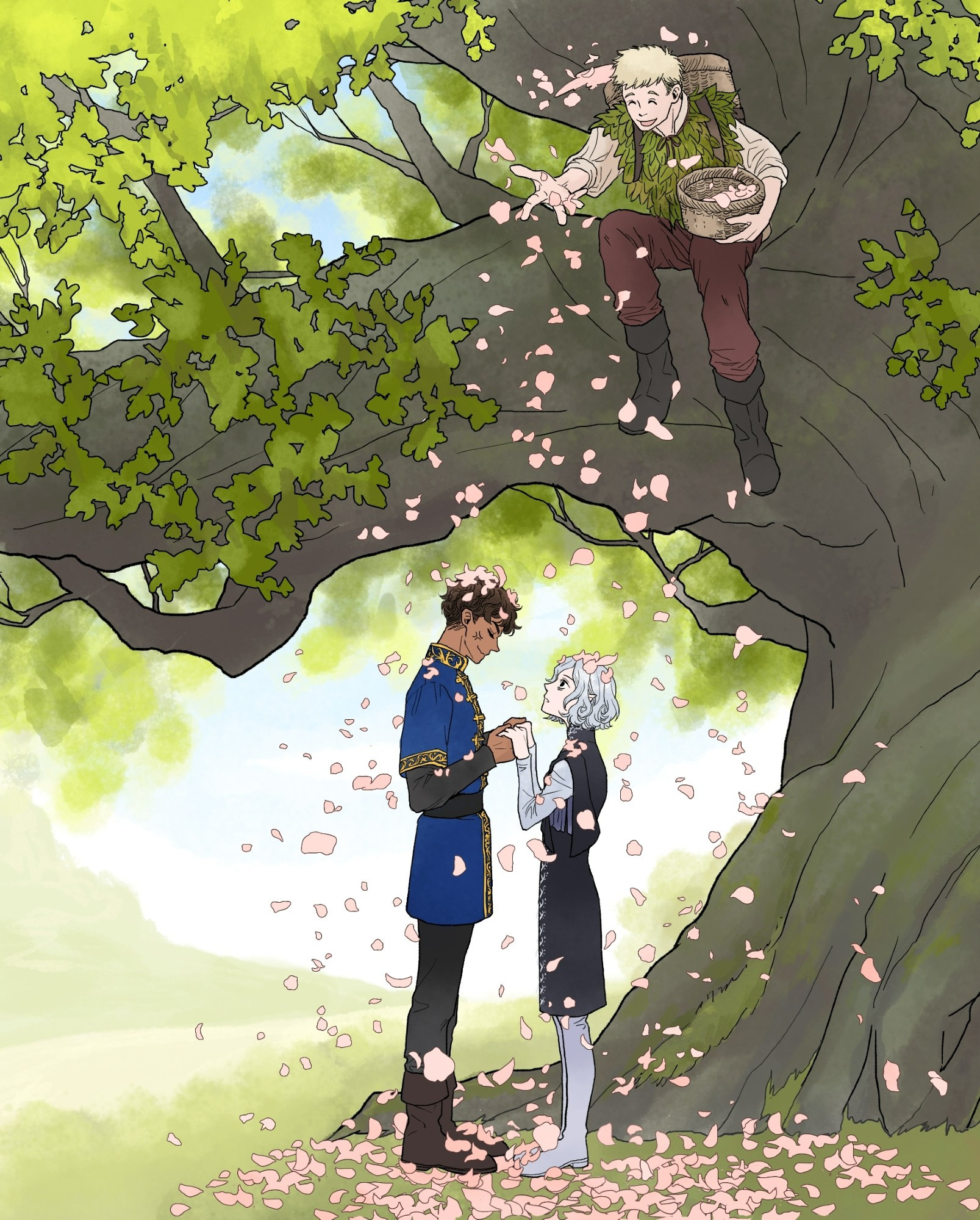 Dungeon Meshi fanart (Kabru X Mithrun): Laios is sitting on a tree branch and throwing petals over Kabru and Mithrun, who are holding their hands under the tree. Kabru looks annoyed, and Mithrun is looking up with a surprised expression. 