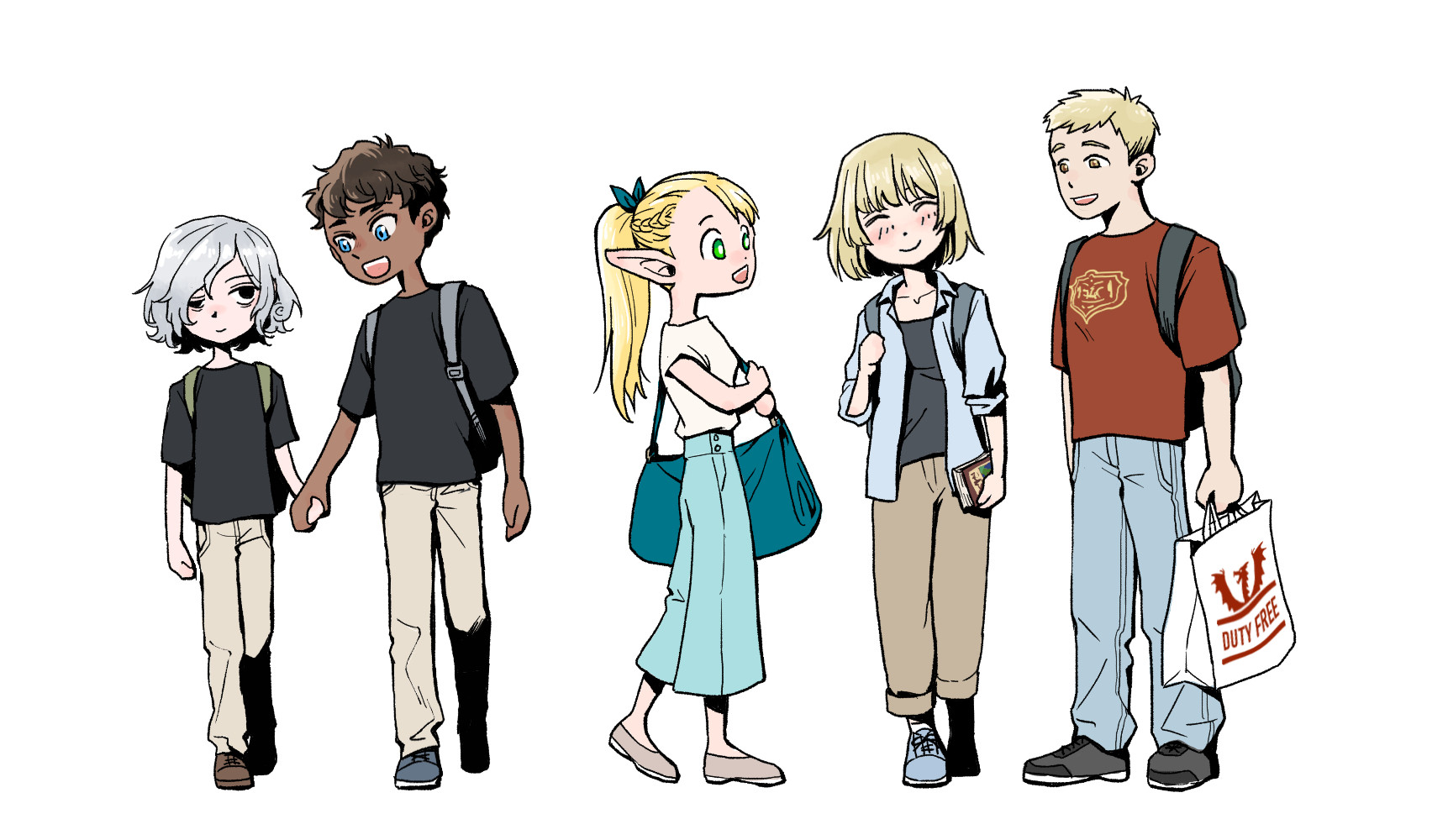 Dungeon Meshi fanart: Mithrun, Kabru, Marcille, Falin, and Laios dressed in modern-day clothes appropriate for travel. 