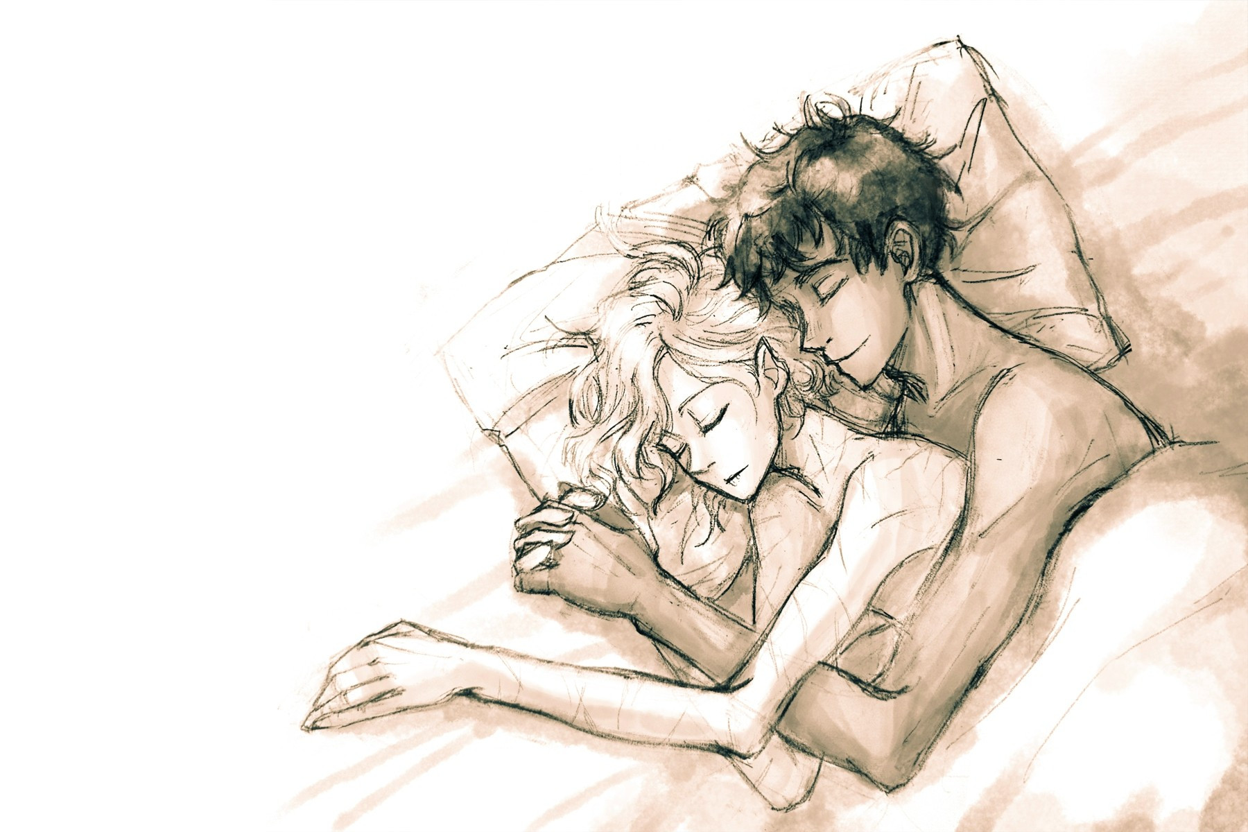 Dungeon Meshi fanart (Kabru X Mithrun): Kabru and Mithrun is cuddling in bed, both shirtless and with their fingers intertwined.