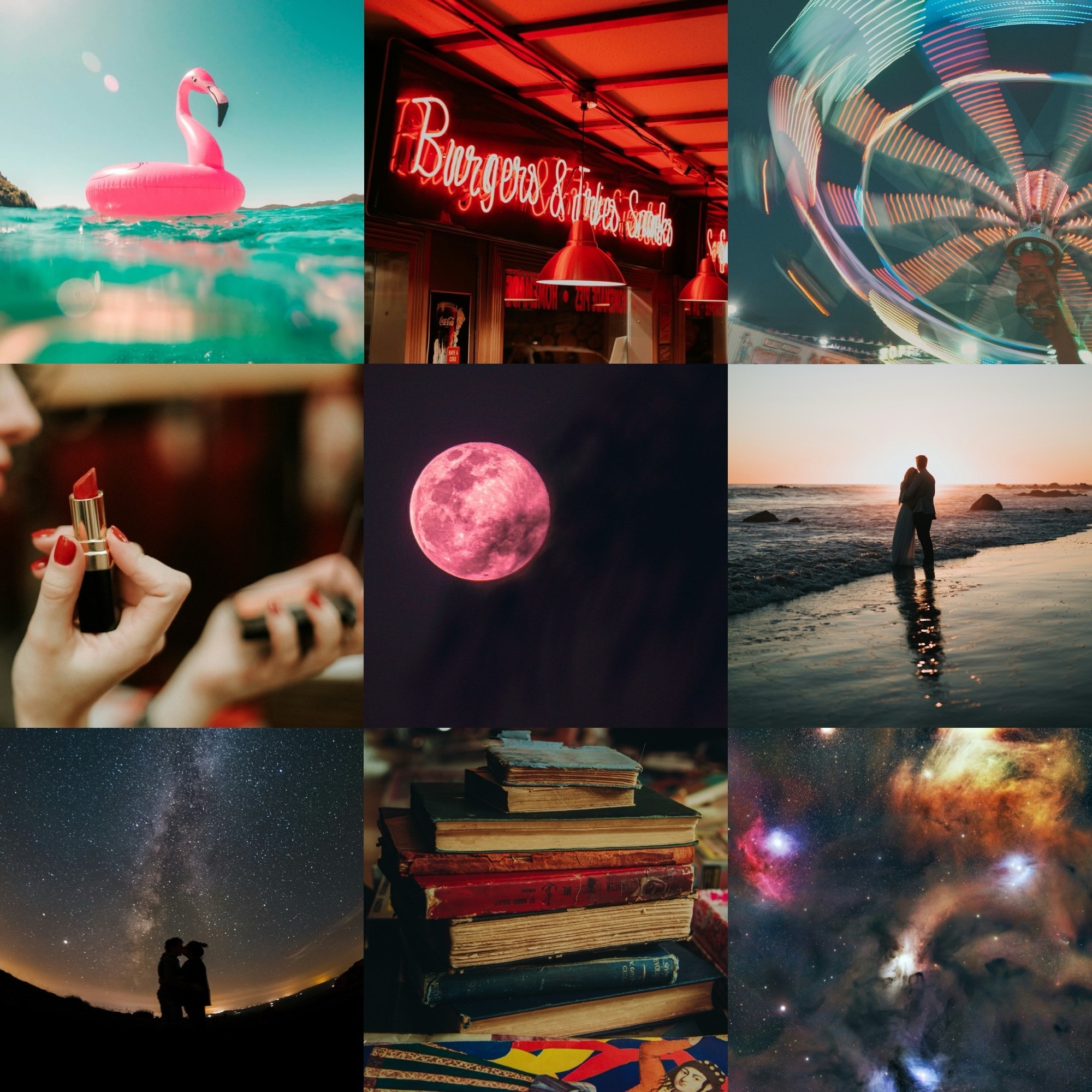 A collage featuring; a flamingo float, an LED sign spelling: burgers & fries & shakes, a Ferris wheel, red lipstick, a pink moon, a couple embracing in the tide, a couple embracing Shana’s the night sky, a stack of old books, and the vast cosmos. 