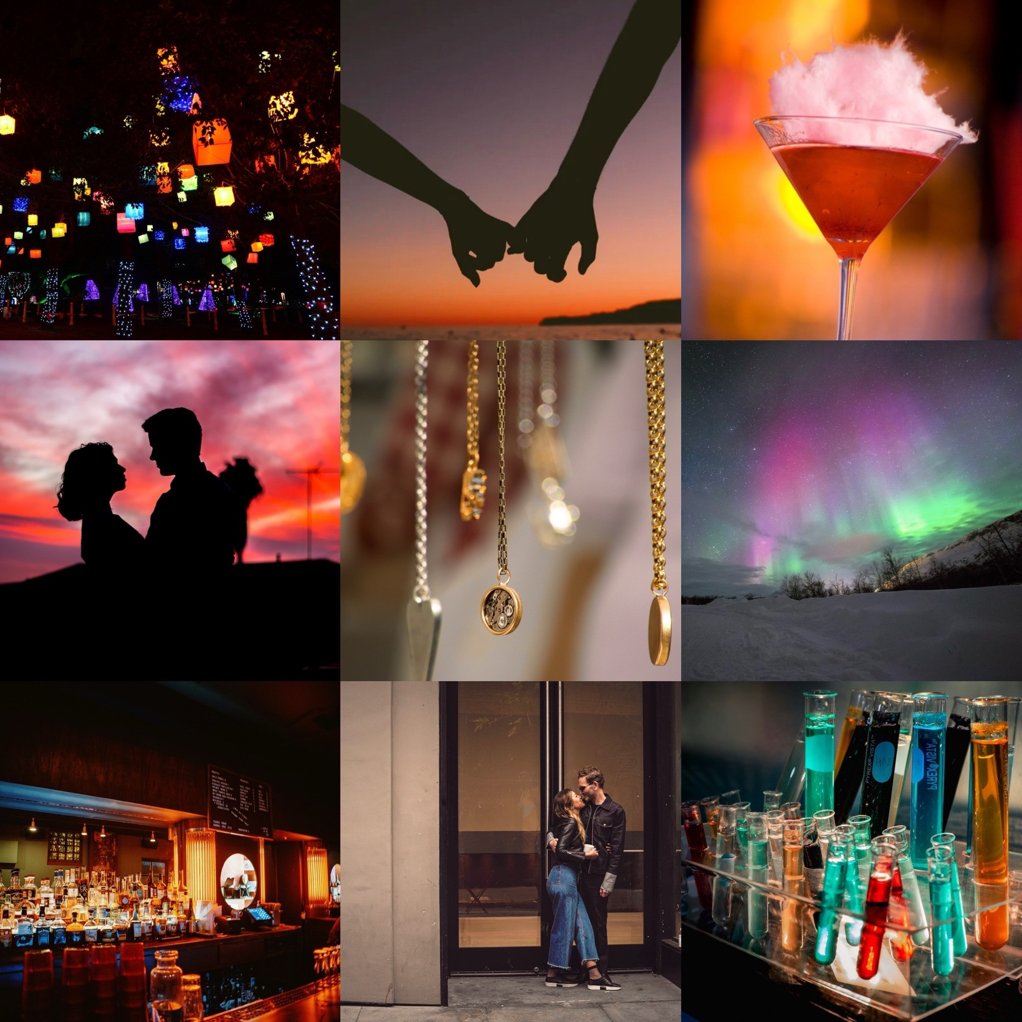 A collage of: multicolored lanterns, held hands over a multicolored sky, a cotton candy cocktail, a couple embracing against  pink sky, necklace charms, rainbow auroras streaked across the sky, a divey bar, an embracing couple in a downtown street, brightly colored liquids in test tubes. 