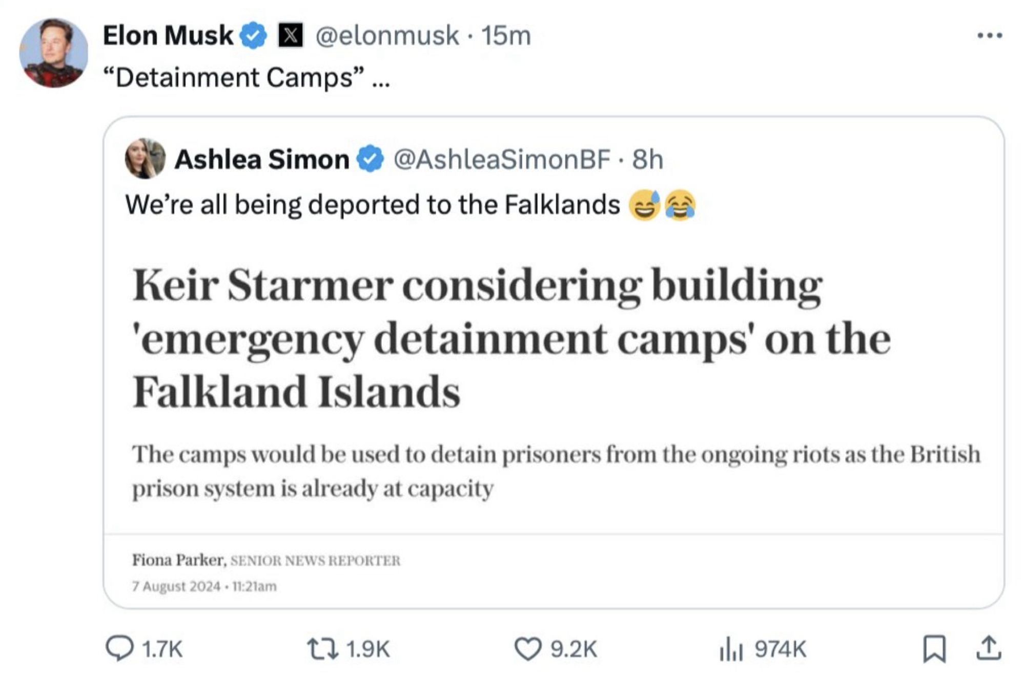 Fake headline: Starmer considering building emergency detainment camps on the Falkland Islands 
Musk: “detainment camps”