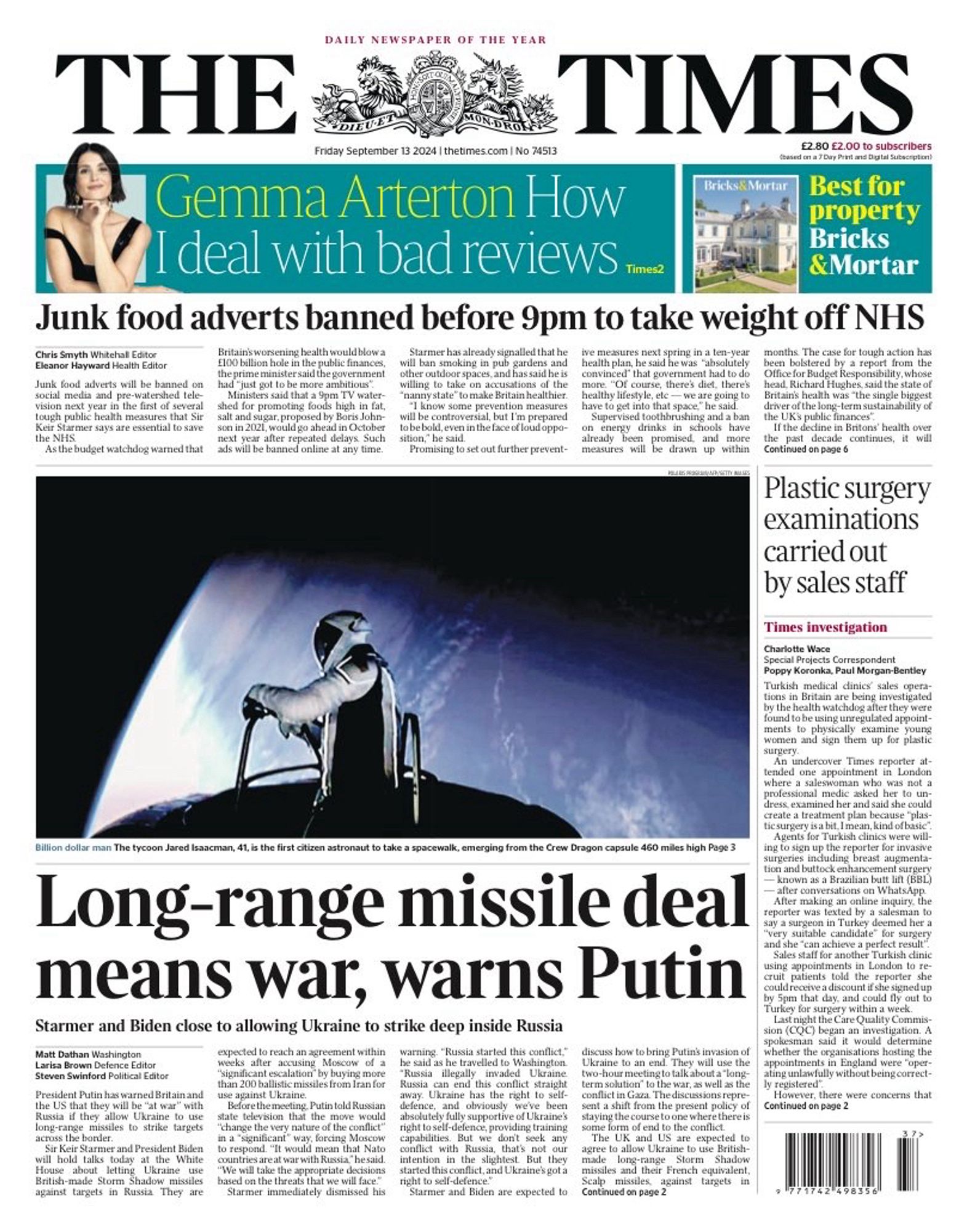 Times headline: long-range missile deal means war, warns Putin