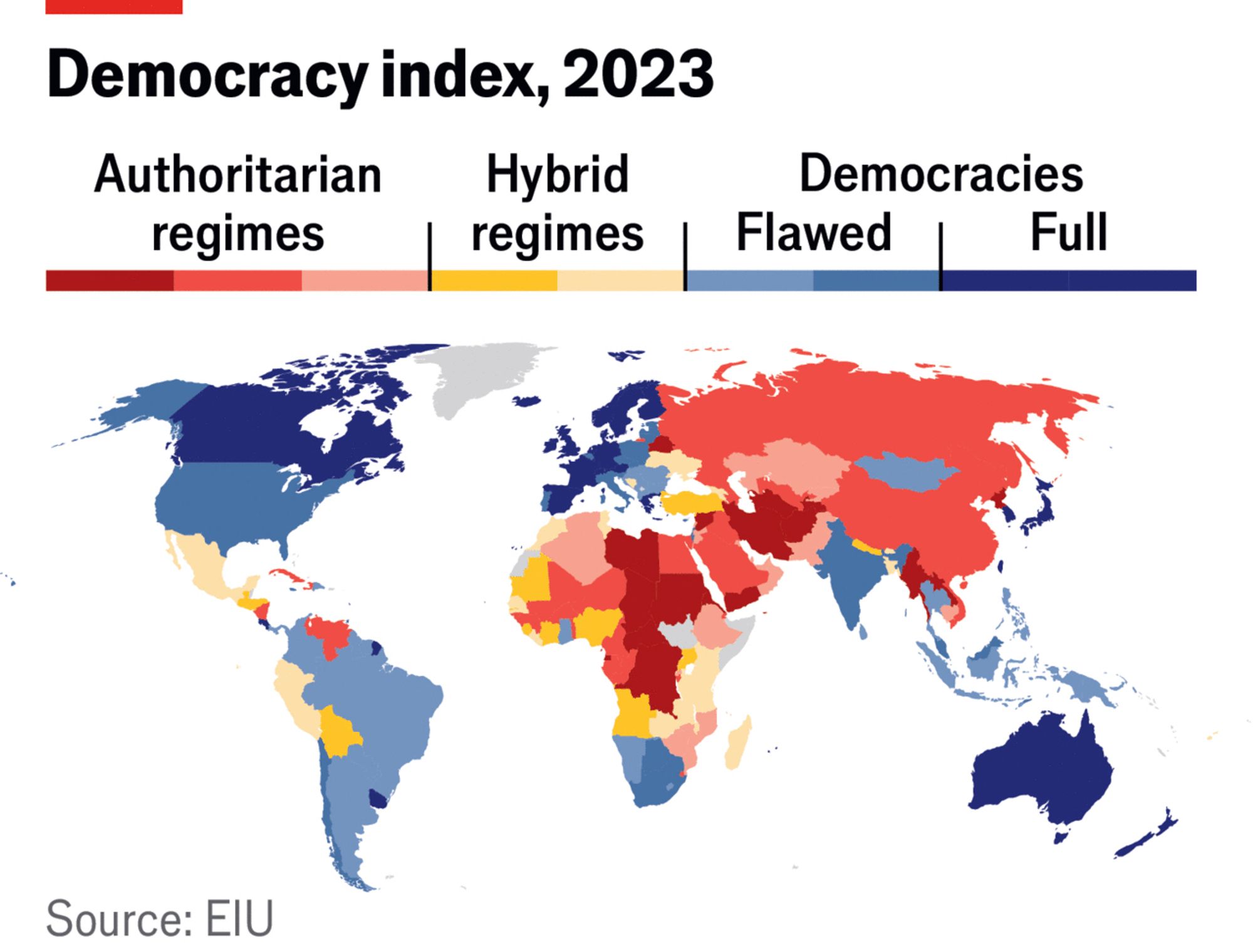 Global map showing countries ranked from full democracy to authoritarian