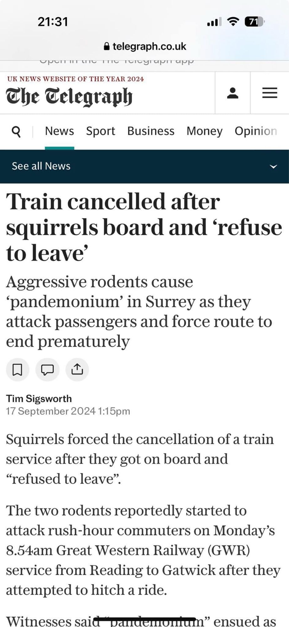 Headline: Train cancelled after squirrels board and refuse to leave