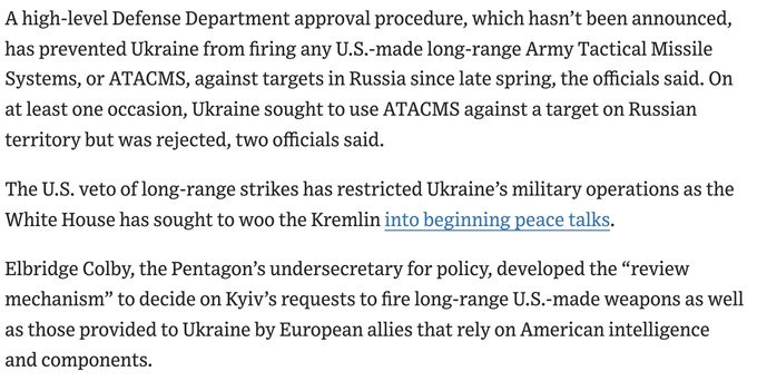 A high-level Defense Department approval procedure, which hasn't been announced, has prevented Ukraine from firing any U.S.-made long-range Army Tactical Missile Systems, or ATACMS, against targets in Russia since late spring, the officials said. On at least one occasion, Ukraine sought to use ATACMS against a target on Russian territory but was rejected, two officials said.
The U.S. veto of long-range strikes has restricted Ukraine's military operations as the White House has sought to woo the Kremlin into beginning peace talks.
Elbridge Colby, the Pentagon's undersecretary for policy, developed the "review mechanism" to decide on Kyiv's requests to fire long-range U.S.-made weapons as well as those provided to Ukraine by European allies that rely on American intelligence and components.