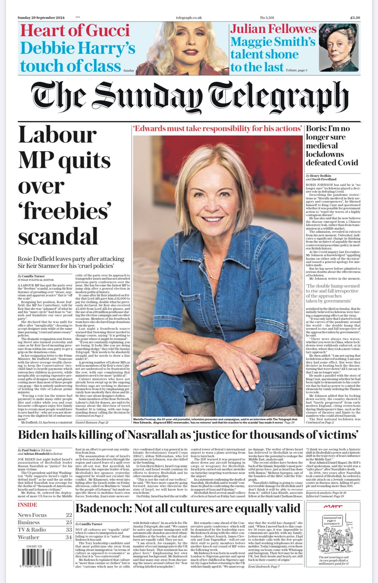 Telegraph front page featuring aforementioned articles