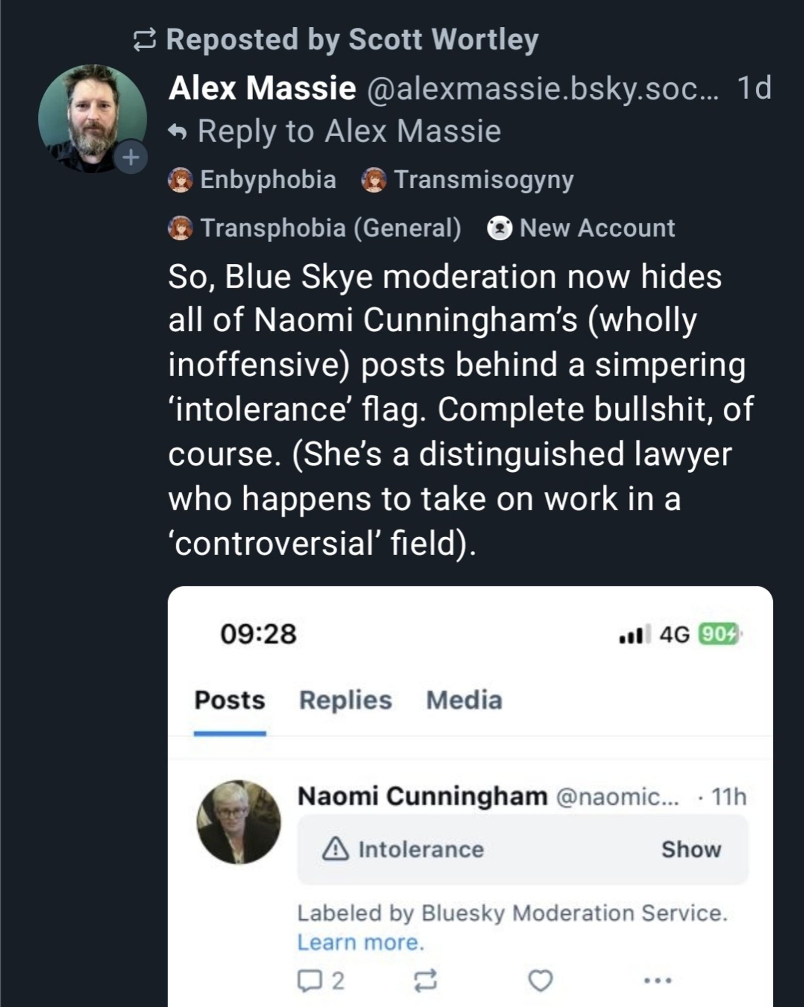 Alex Massie claiming Cunningham's status as a lawyer makes her incapable of being intolerant, which is a very British attitude to hate speech