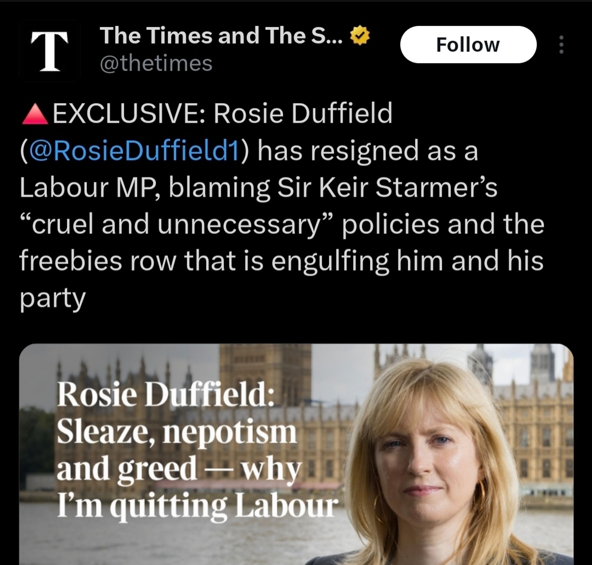 🔺EXCLUSIVE: Rosie Duffield (@RosieDuffield1) has resigned as a Labour MP, blaming Sir Keir Starmer’s “cruel and unnecessary” policies and the freebies row that is engulfing him and his party