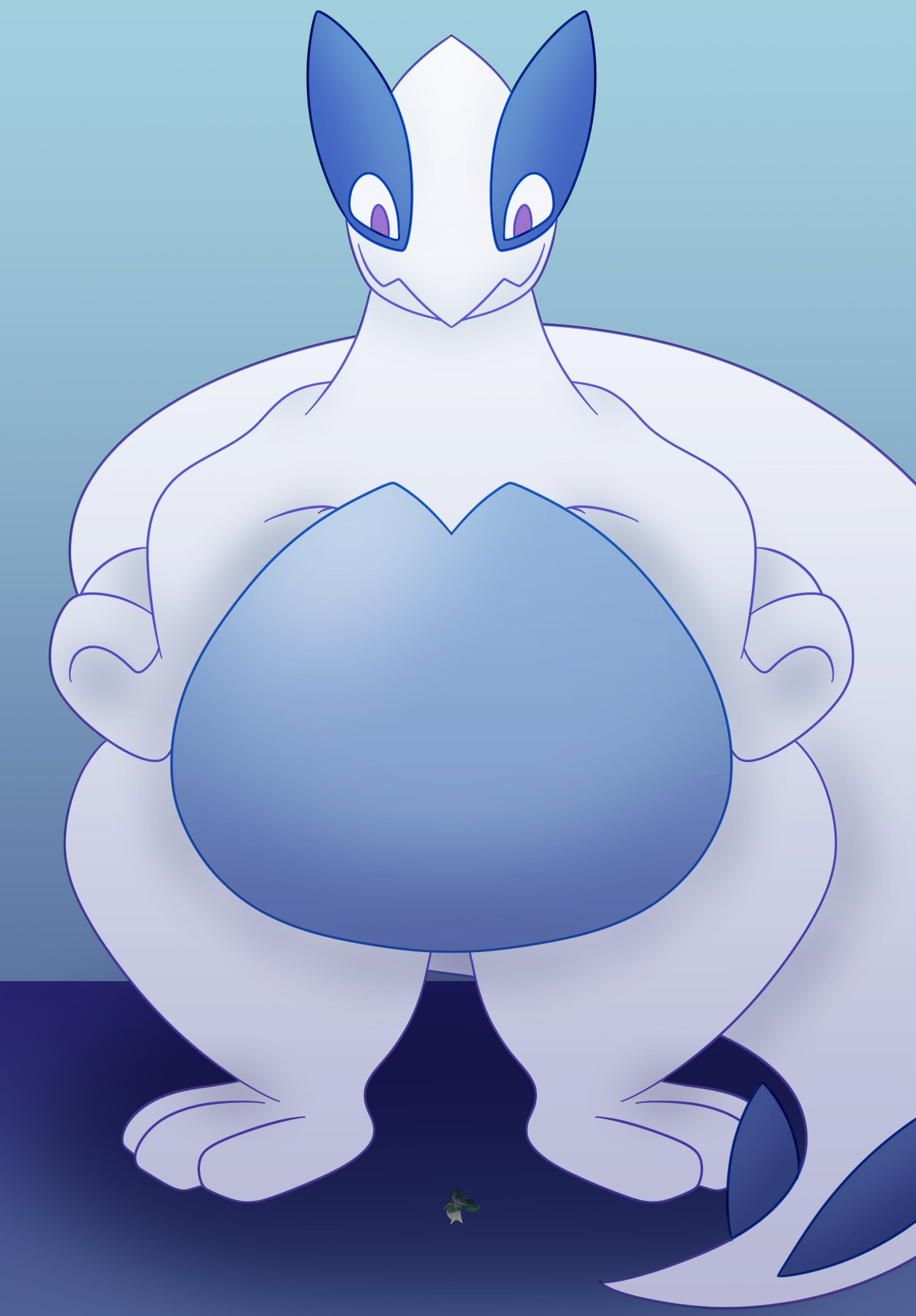 A picture of a Lugia and a Snivy. The Snivy is comically small compared to the Lugia, practically a spec on the screen. The Lugia is looking down at him with a smile, his wings on his hips. The Snivy looks very nervous, totally covered by the Lugia's shadow.