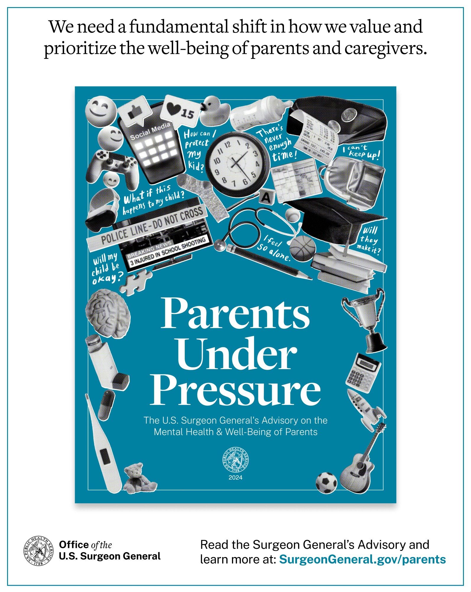 graphic from Office of the US Surgeon General showing the cover of their new report "Parents Under Pressure: The U.S. Surgeon General Advisory on the Mental Health and Well-Being of Parents"