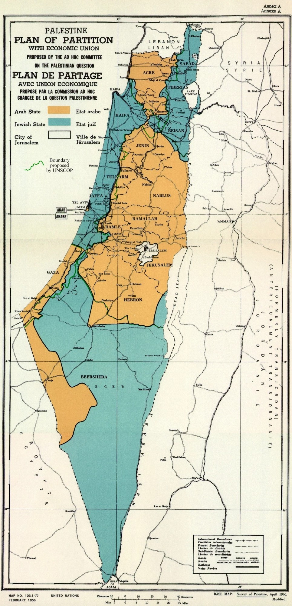 Carte du plan de partage de la Palestine de 1947 créant deux états, juif et arabe.
Cette solution était accepté par les juifs mais refusé par la ligue Arabe qui a envahi l'état d'Israël dès la 1ere seconde de son existence.