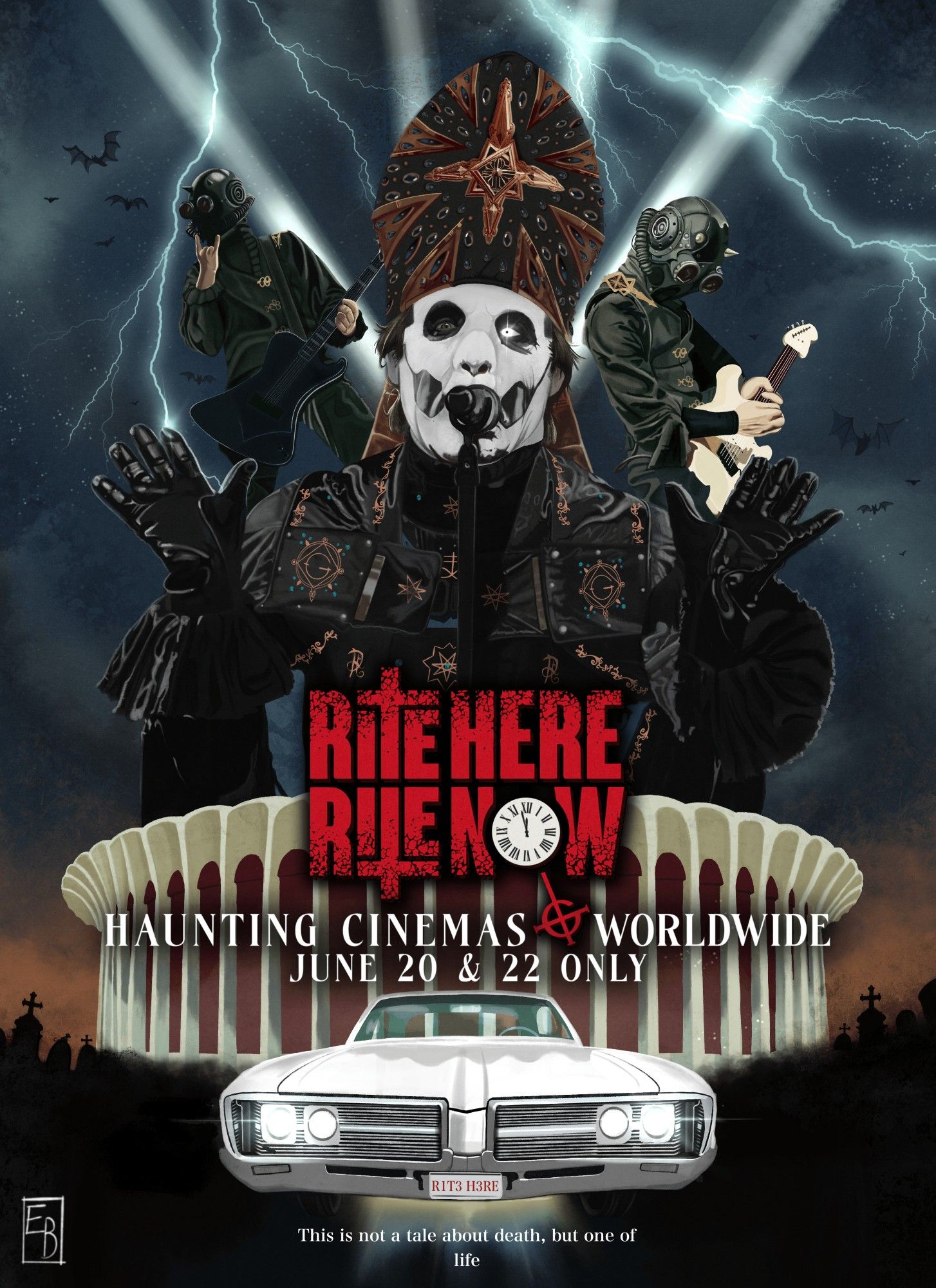 'Rite Here Rite Now' movie poster, featuring Papa Emeritus IV, the Kia Forum, and Two Namelesss Ghouls