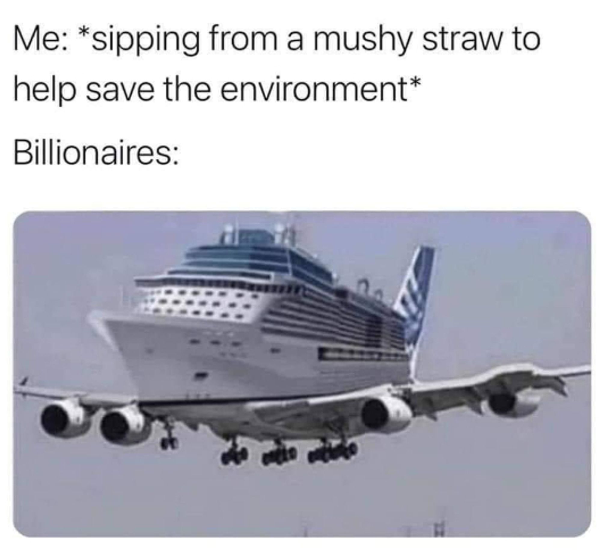 ME: Sipping from a mushy straw to help the environment.
Billionaires: (ein Bild von einer 747 mit einem Kreuzfahrtschiffaufsatz.