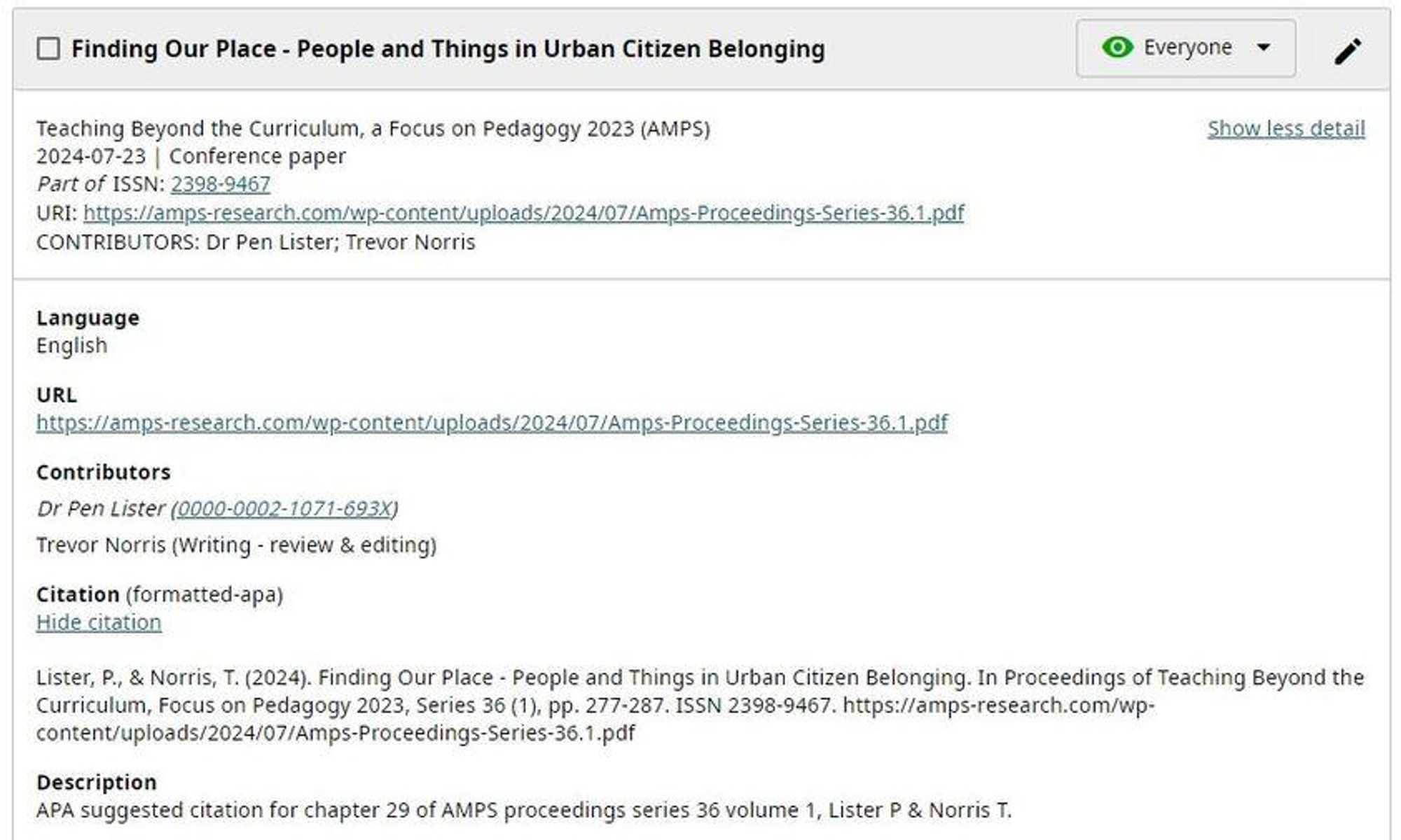 Details of paper Finding Our Place - People and Things in Urban Citizen Belonging, AMPS proceedings 2023