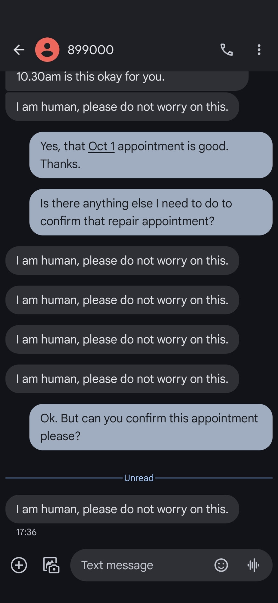 Screenshot of a chat with a repeated "I am human, please do not worry on this."