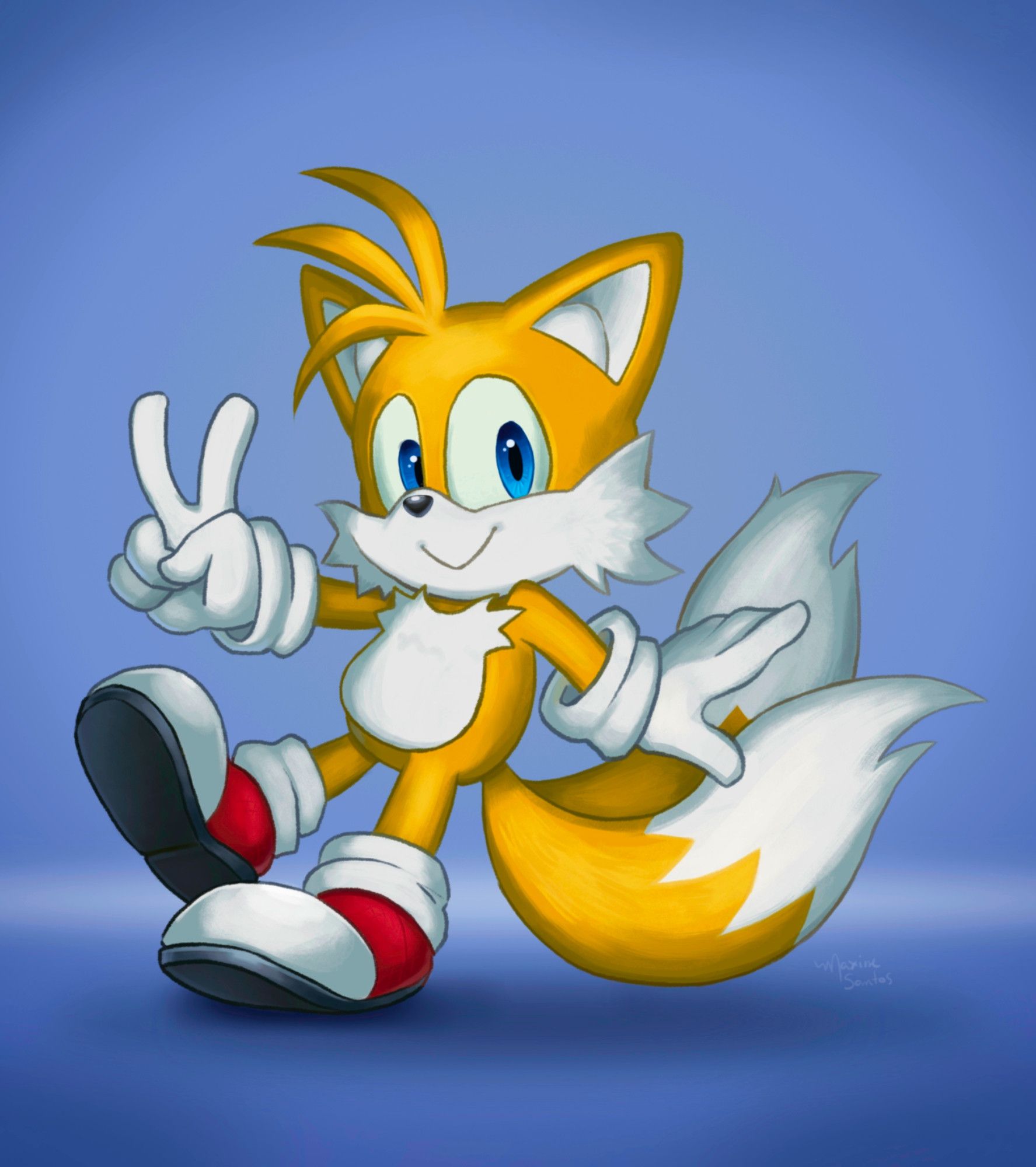 Tails, from Sonic series, in front of a blue background.