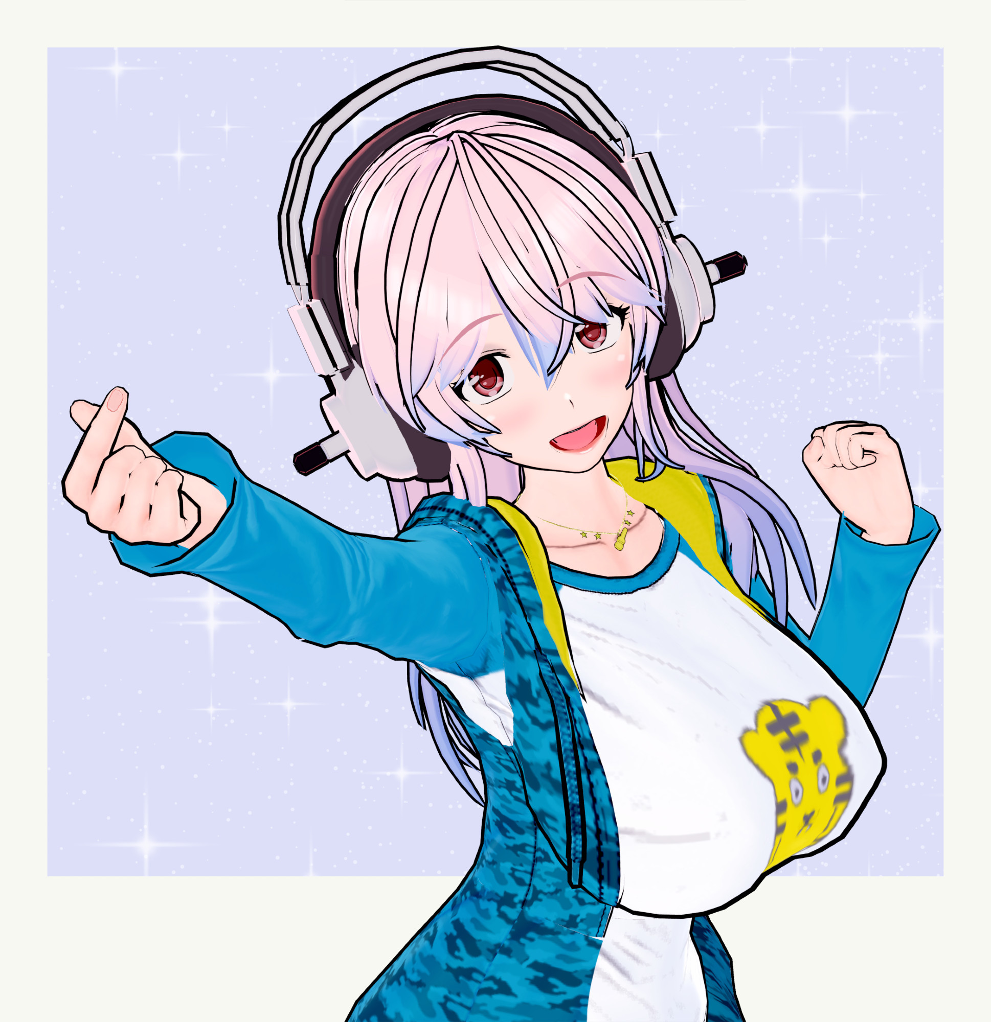 Super Sonico in her tiger t-shirt & hoodie outfit doing a cute little hand heart