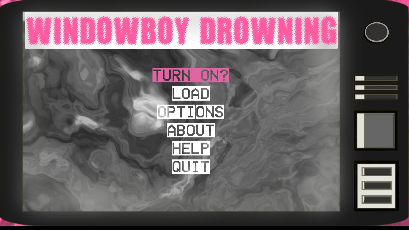 The main menu of the game WINDOWBOY Drowning. It features a black, retro TV and inside the screen has various menu options. The option "TURN ON?" is highlighted in pink.