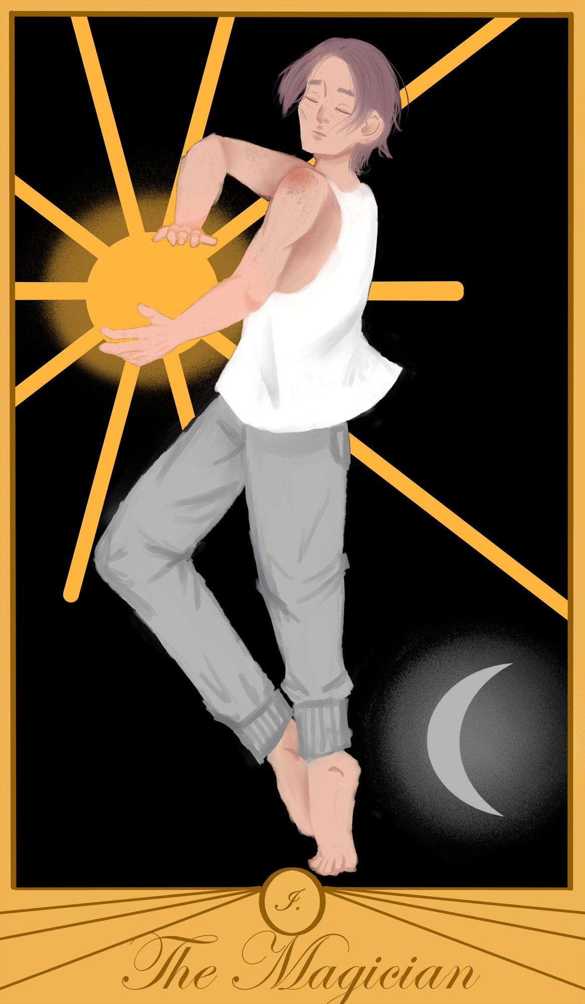 A tarot card of The Magician. It has a gold border and the text "The Magician" at the bottom. The image shows a young man with pale skin, pale freckles, brown hair and a white tank top with brown sweats. He's turned to the side and his head is head is turned towards the camera. His arms are reaching out and holding the sun. The moon is on the bottom right corner.