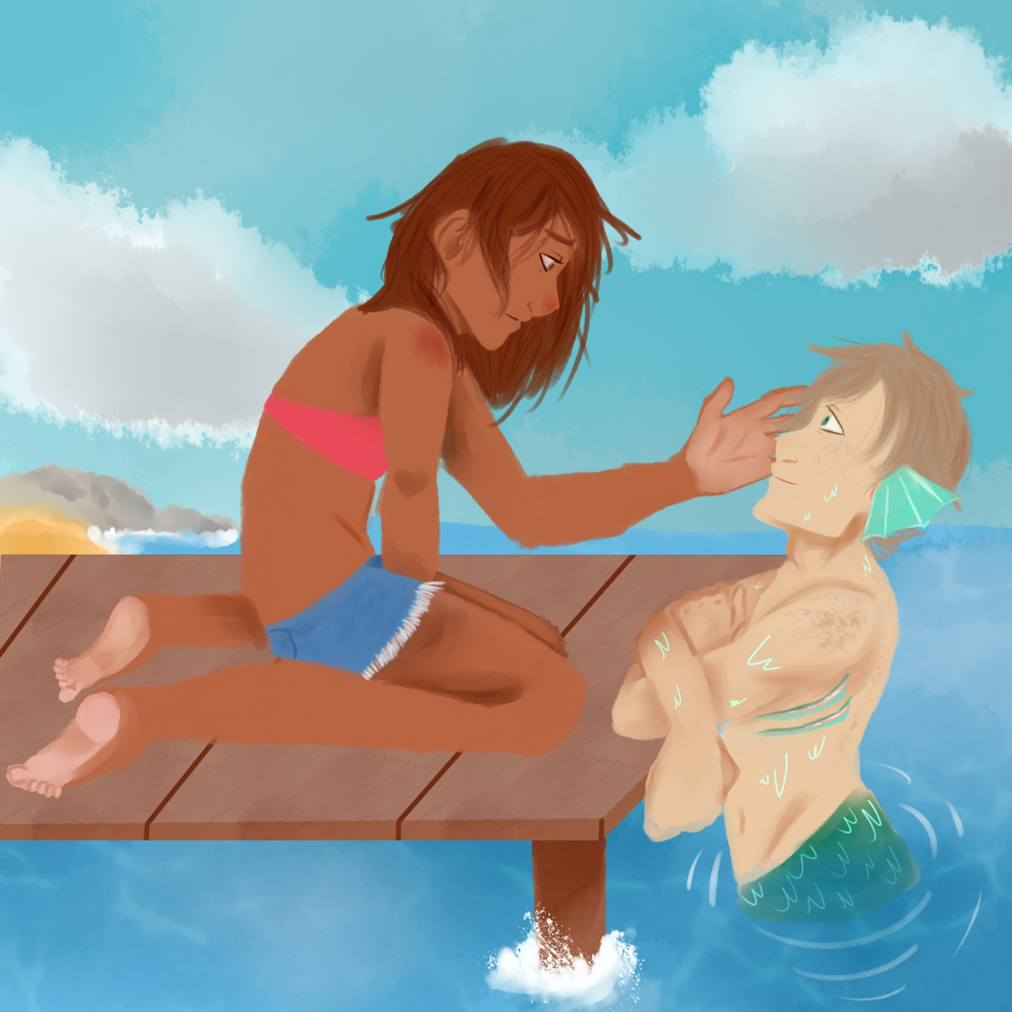 A digital painting. It depicts a brown girl on a dock leading out into the ocean. She's wearing a pink swimsuit top and jean shorts. She is sitting down and kneeling forward with a hand reaching out to someone. The person she is reaching to is a merman with pale skin, freckles, and light brown hair. He rests his arms on the pier as he looks up. He has mint green webbed ears, mint green gills, and a pine green fin that goes into the ocean water. In the background is sand and rocks from the beach and a mostly clear blue sky with a few clouds.