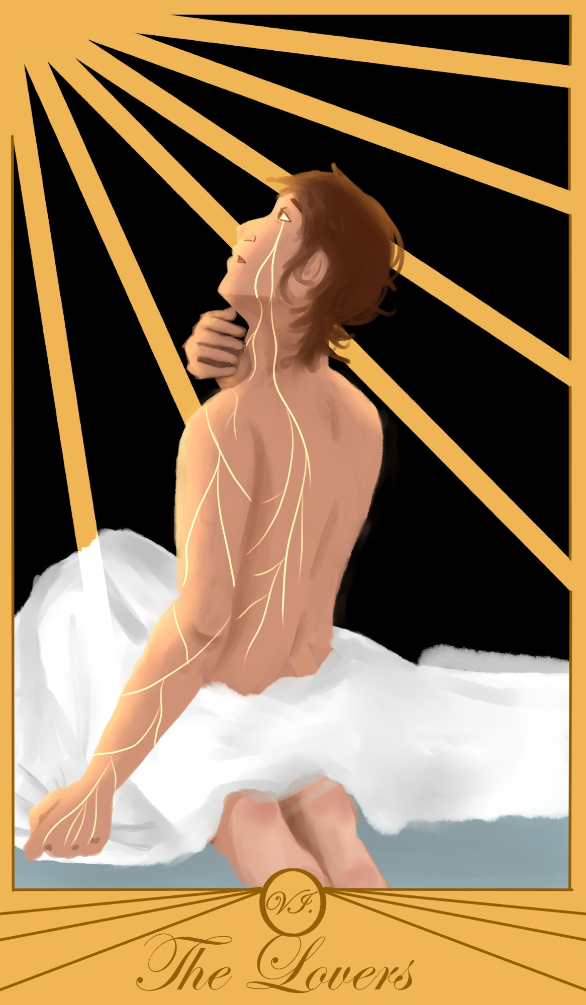 A tarot card of The Lovers. It has a gold trim. In the center is a digital art piece of a young man with light brown skin and wavy brown hair. He's angled with his back towards the camera and his head raised. A white blanket covers his legs and lower body. Golden veins run down from his eye to his arm and back. His head is looking up and his other hand is reaching for his throat.