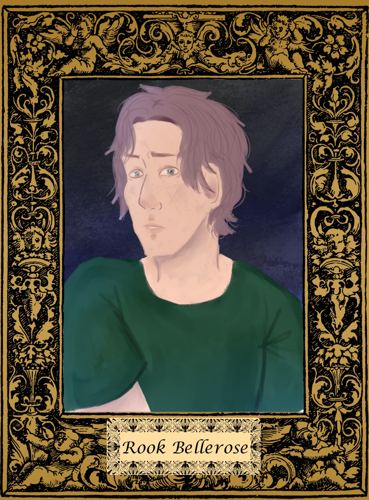 A digital painting of a young man with pale skin, freckles, and light brown hair. He has a concerned expression and is set against a dark blue backdrop. There portrait is encased in a golden frame and his name "Rook Bellerose" is on a plate at the bottom.