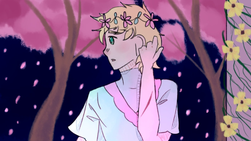 A digital drawing. It shows a boy with blond hair and pale skin. He raises his arm to brush away his hair. There is a wound on the same arm. The background shows that it's night, and there's trees blooming in pink.