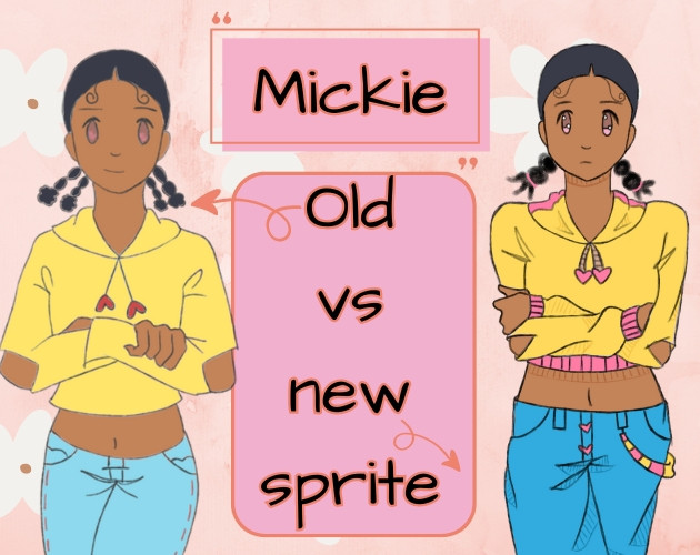 A graphic which features the old and updated game sprite for a character from the game "Spring Boy." It shows a young woman with dark skin and coily hair in braids. She wears a yellow crop hoodie and blue jeans with her arms crossed. On the left is the old sprite and on the write is the updated art for the new sprite