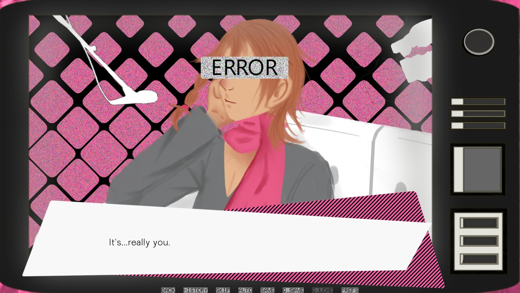 A screenshot from the game W Drowning. It shows a black, retro TV. Inside the screen it shows a young man with his face blurred out with an ERROR. He has light brown hair and wears a grey sweater and a pink scarf. He rests his face in his hand, and his elbow rests against the arm of a white couch. To the left of him is a mic hanging down and to the right is a camera. There's a white textbook that reads "It's...really you."