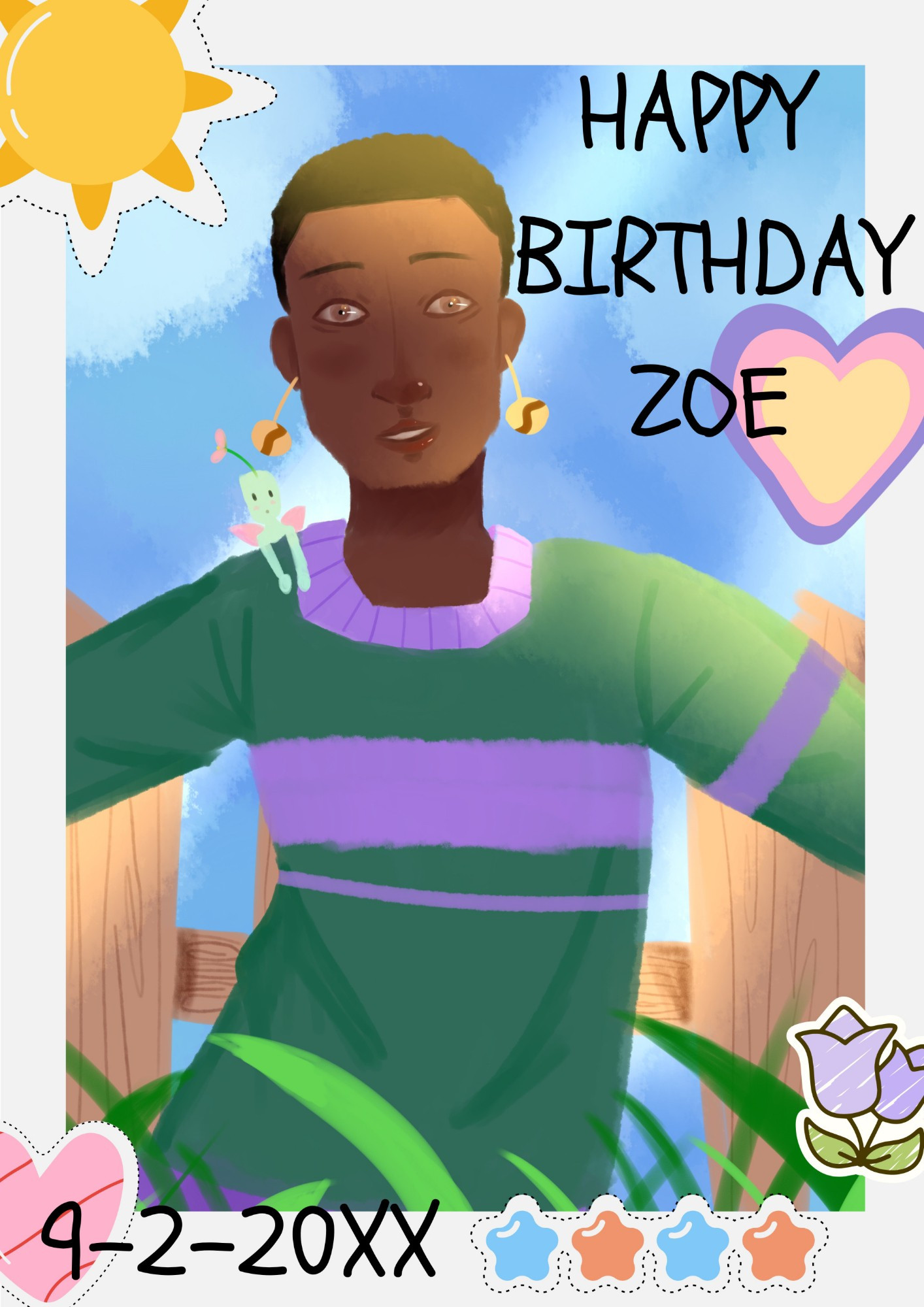 A character painting featuring a young adult with dark skin and short, curly black hair. Their arms are open and they're spinning towards the camera. A fence is behind them as well as the blue sky. There's a frame around it. At the top right it reads "happy birthday Zoe" and at the bottom left is the date "9-2-20XX". Various stickers decorate the image