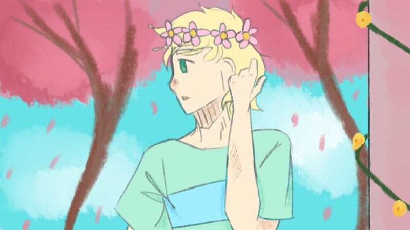 A digital drawing that shows a boy with pale skin and blond hair. His arm is raised up as he brushes away his hair. A wound is shown on said arm. The background shows a blue sky with trees blooming in pink.