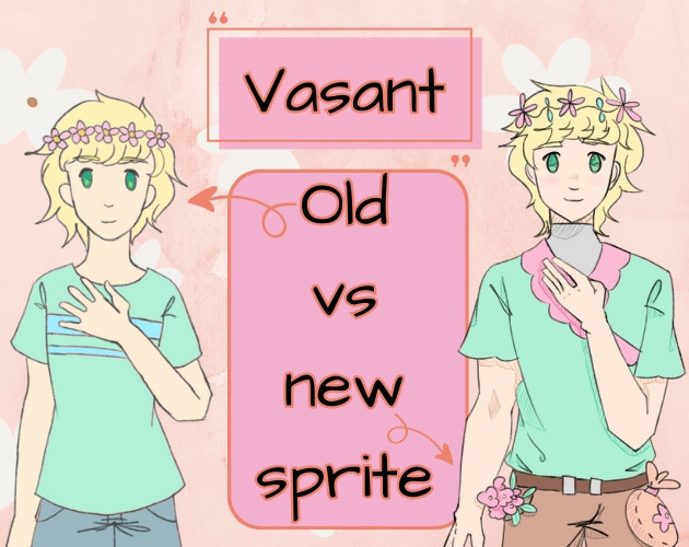 A graphic that shows two character sprites from a game. The top center reads "Vasant." Below it reads "old sprite vs new sprite" with two arrows pointing to the left and right where the sprites are. On the left shows a boy with blond hair and pale skin. He wears a flower crown, a mint green shirt and light grey-blue jeans. The right shows the same character. He now wears a brown belt, light brown paints and has flowers in his left pocket and a bag attached to his belt on his right hip.