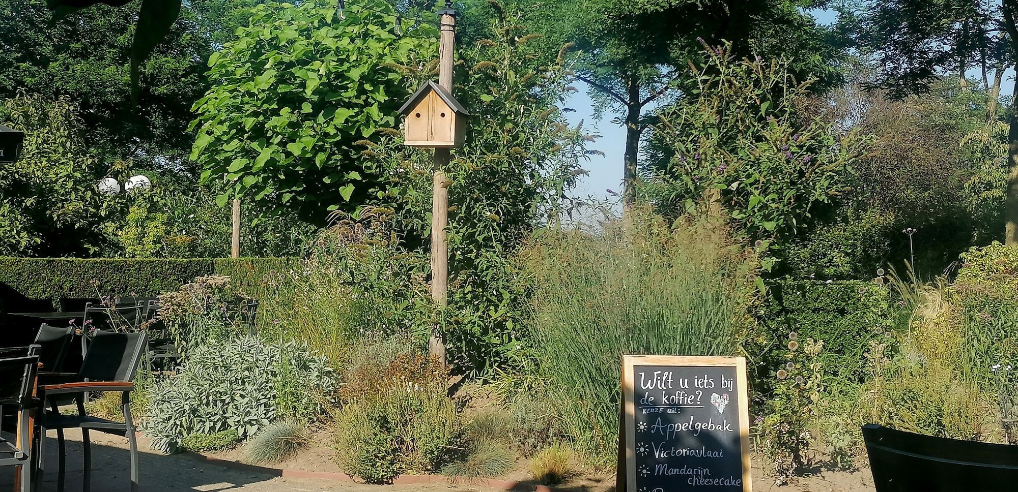 1 Vogelhaus im Garten einer Gaststätte sowie ein paar Stauden und Gräser und Bäume