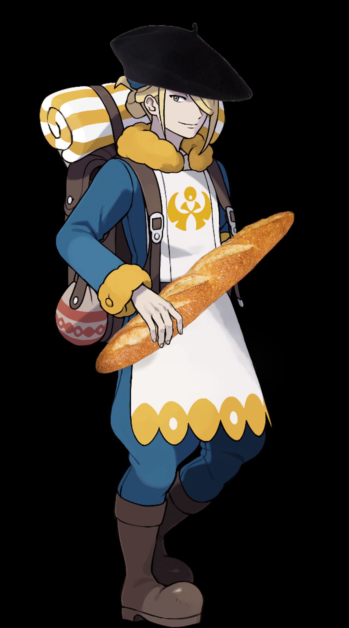 Volo from Legends Arceus wearing a beret and holding a baguette looking very French