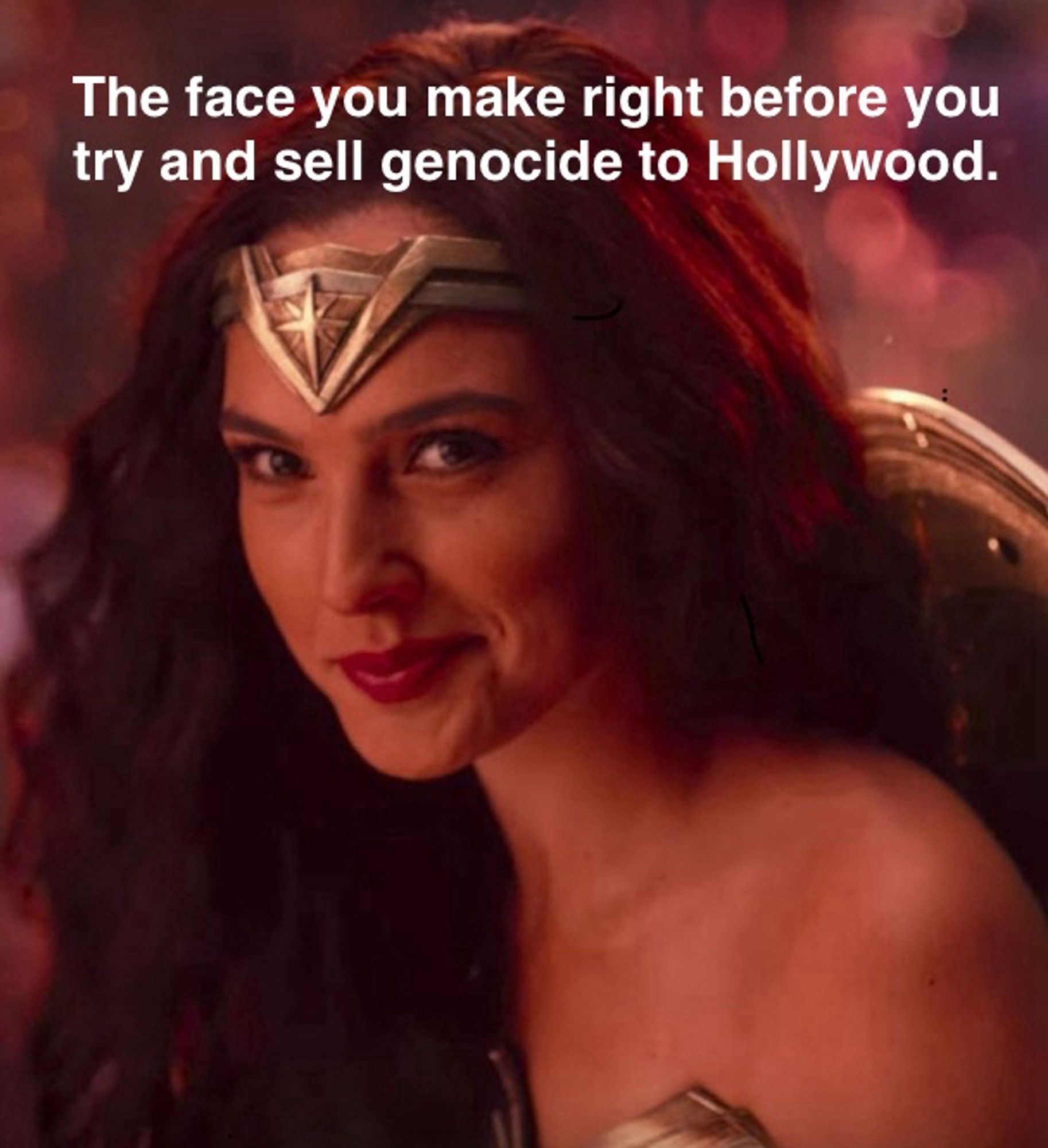 Pic of Gal Gadot with a smirk on her face as Wonder Woman. Text overhead says The face you make right before you try and sell genocide to Hollywood.