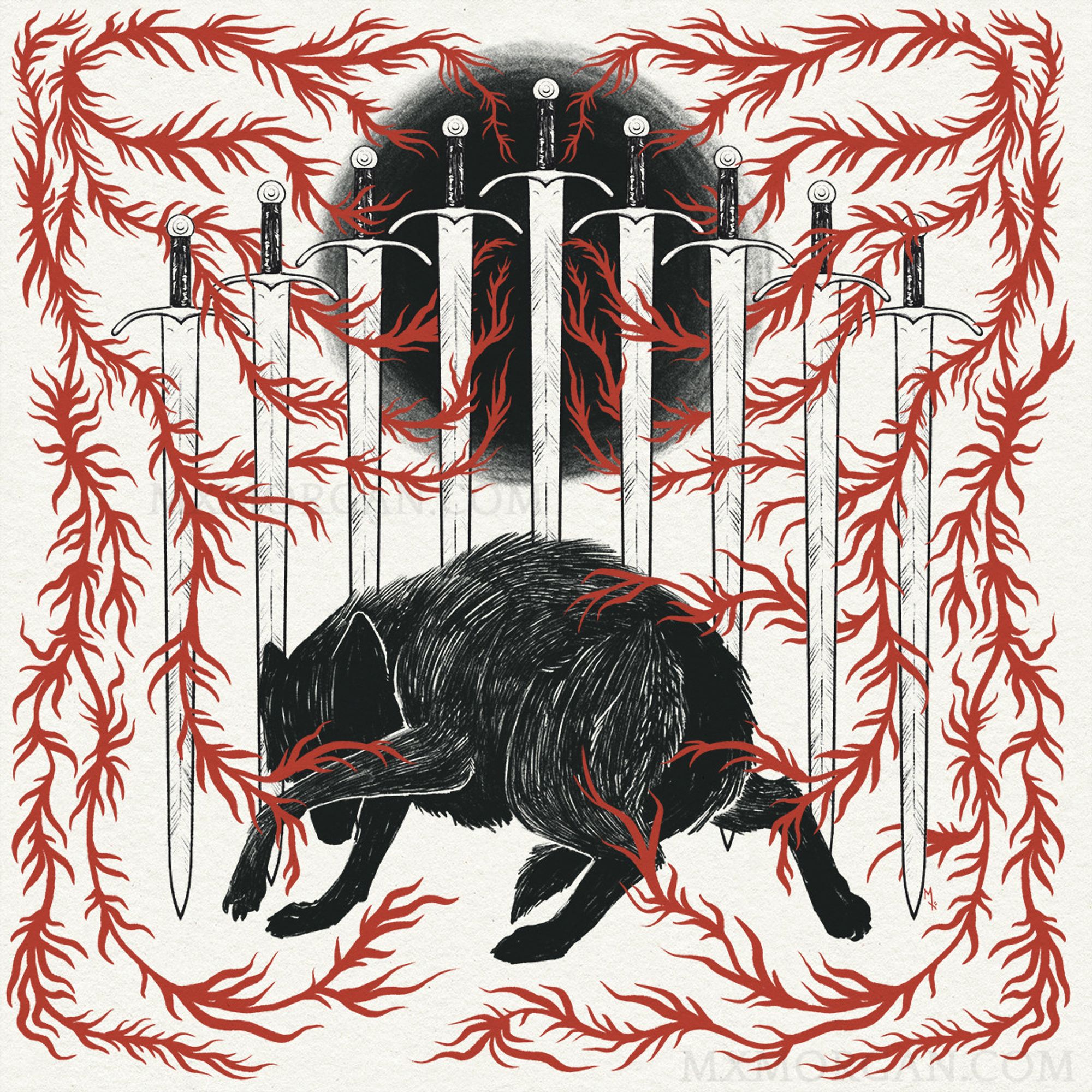 stylized illustration of a wolf shielding its face. behind it is a row of 9 swords, and an empty circular pit behind them. there are vein like vines weaving throughout.