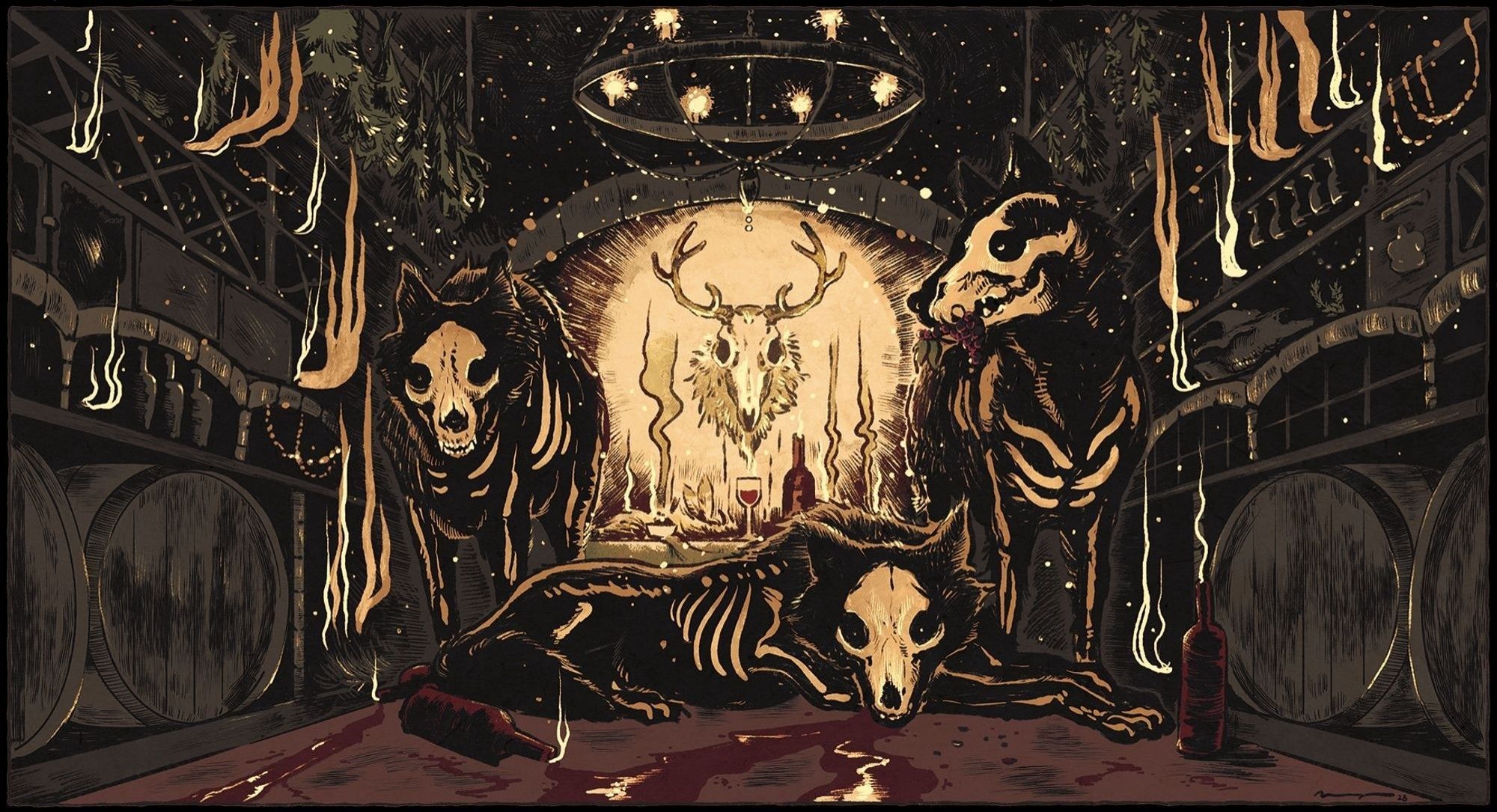 Illustration of ethereal skeleton wolves in a wine cellar. Behind them is an altar with wine and a deer skull. Stars and spirits dance around them.