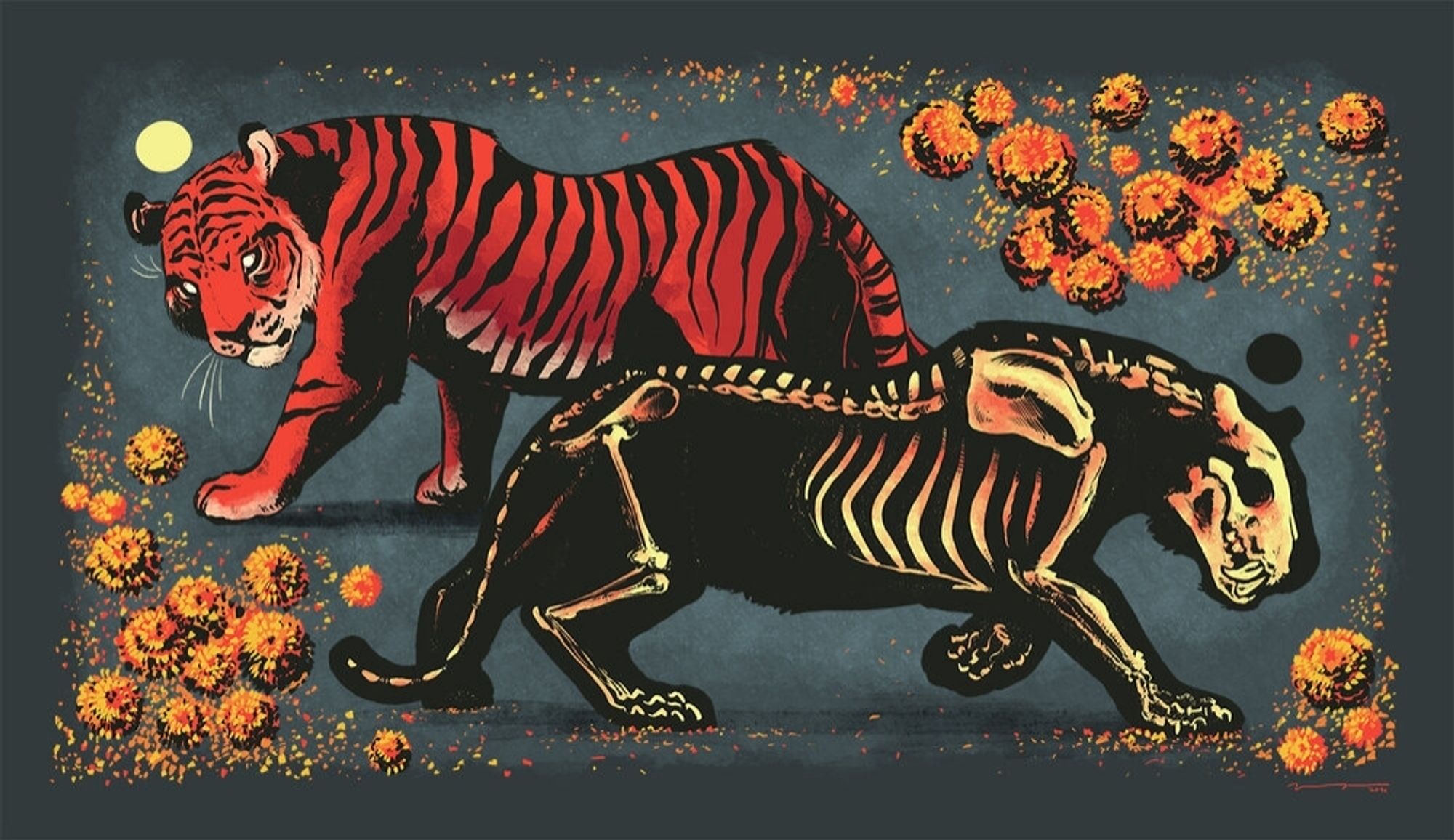 Yep tigers walking in opposite directions. One tiger is a skeleton in a tiger shaped silhouette. Each have moons above their heads; the living has a full moon and the dead have a new moon. They are surrounded by marigolds.