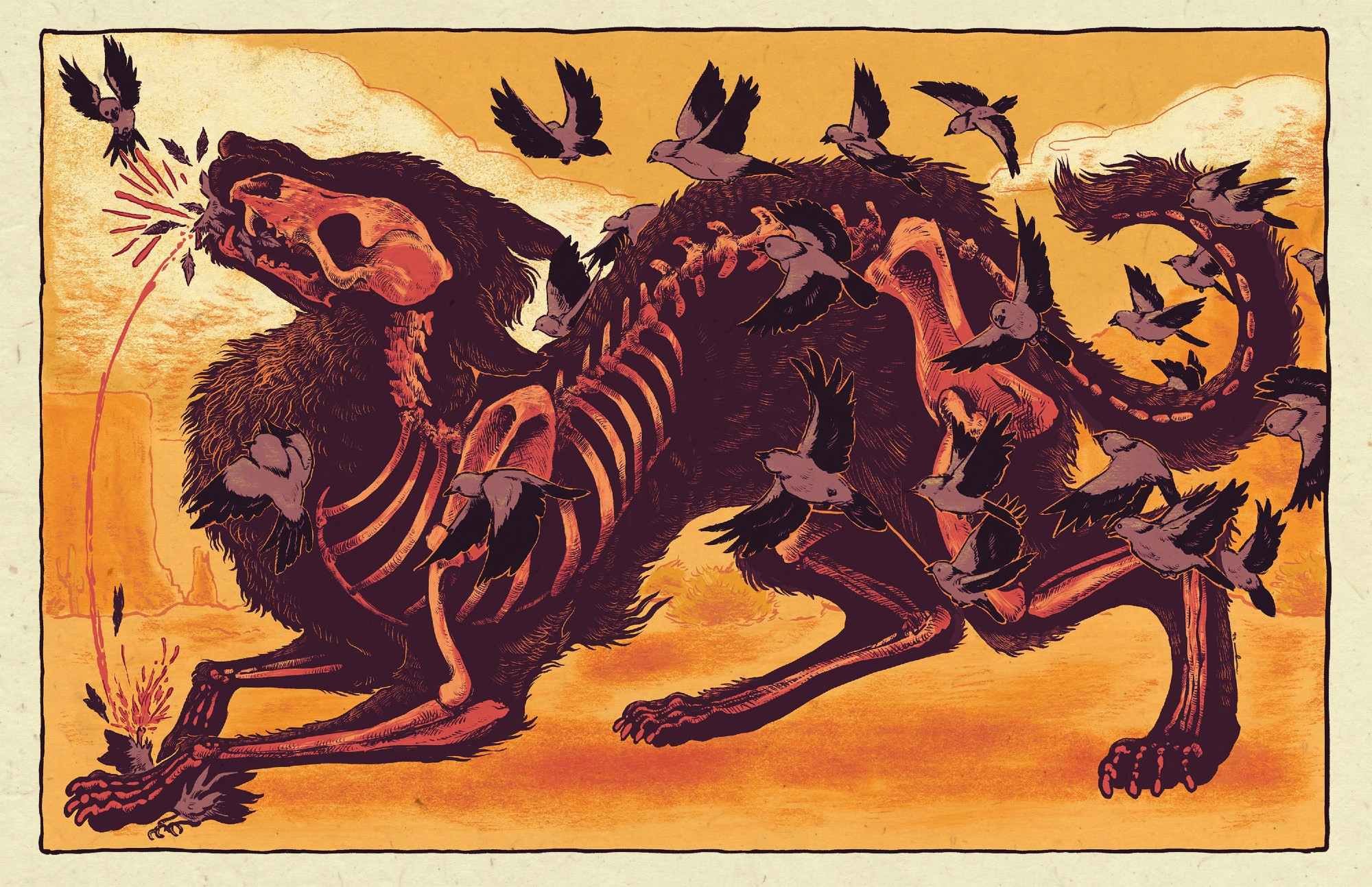 a ruddy brown dog with its bones exposed catching and mutilating a songbird, with other songbirds fleeing