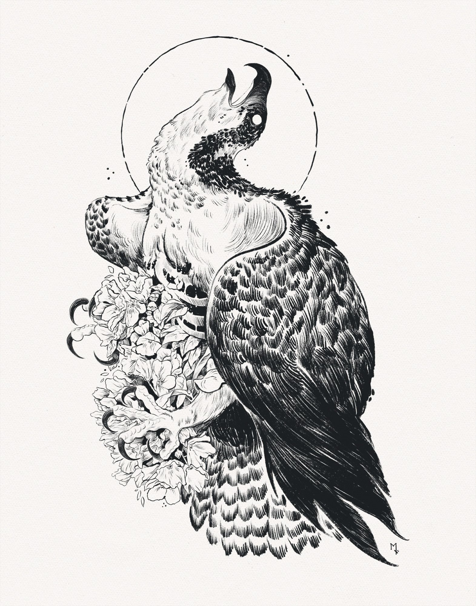 Black and white illustration of an osprey with its head thrown back and flowers bursting from its chest and stomach. Digital