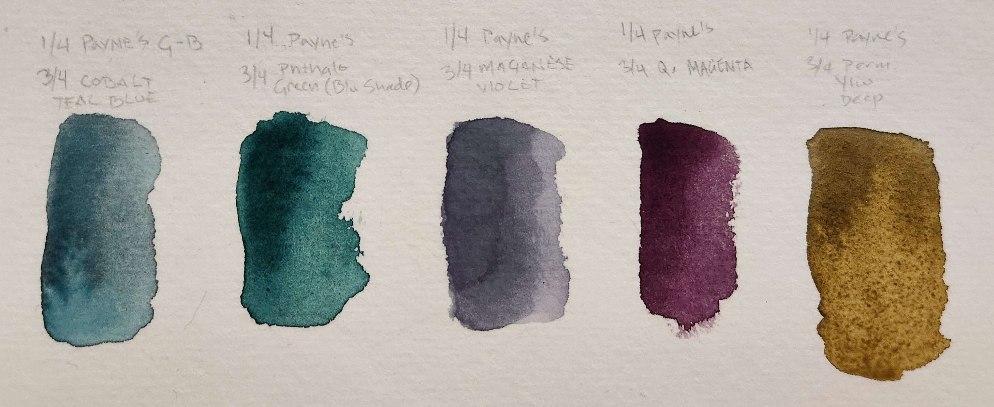 a palette of colors unified by payne's grey-blue with notes of ratios. each swatch has 1/4 of payne's grey-blue, 3/4 of the color. from left to right, cobalt teal, phthalo green, maganese violet, quinacridone magenta, and permanent yellow deep.
