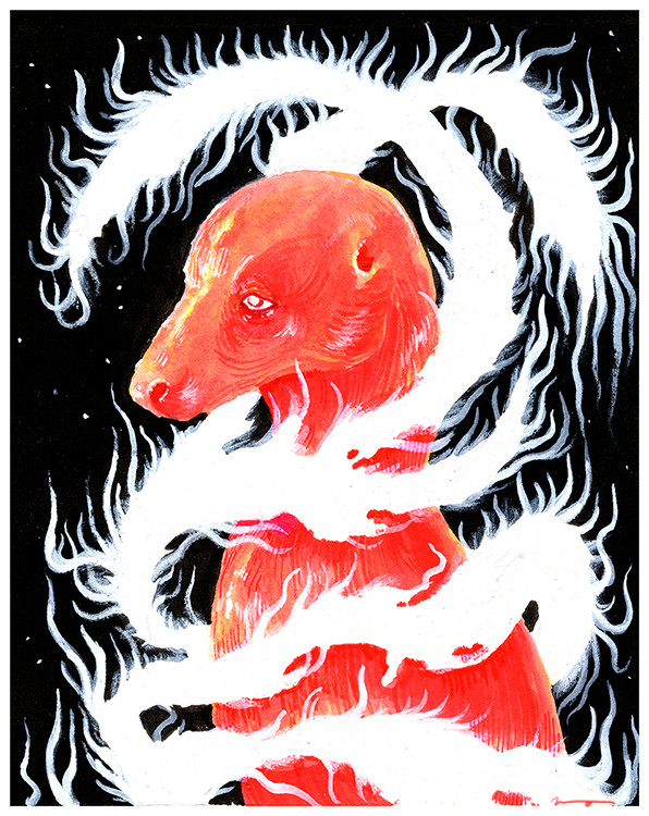 illustration of a skinless creature wrapped by white ethereal, flayed skin and fur on black background.