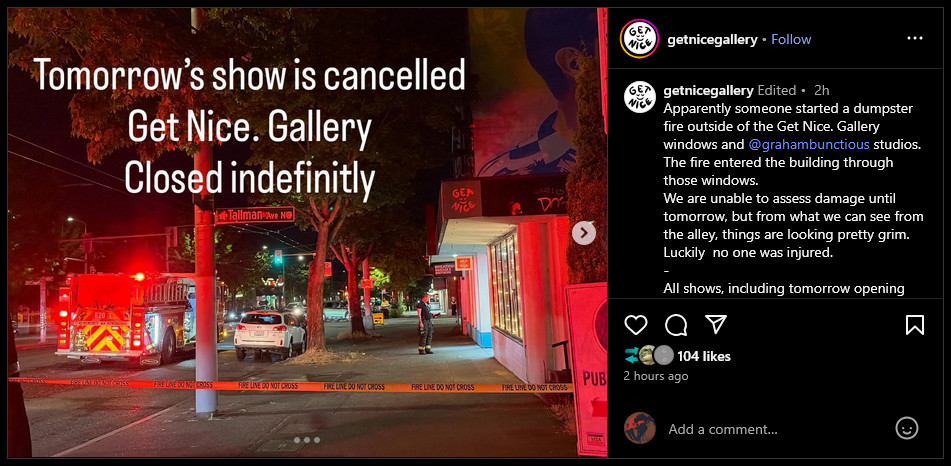 screenshot from get nice gallery's instagram page detailing the fire incident and damage.