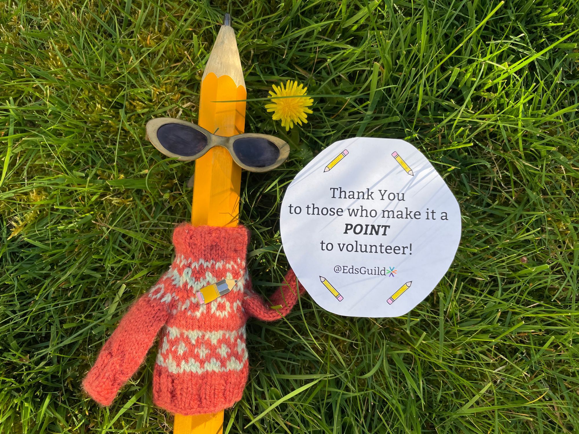 Giant Pencil, wearing sweater with pencil pin and sunglasses, on green grass with a dandelion, holding sign that says "Thank You to those who make it a POINT to volunteer! @EdsGuild"