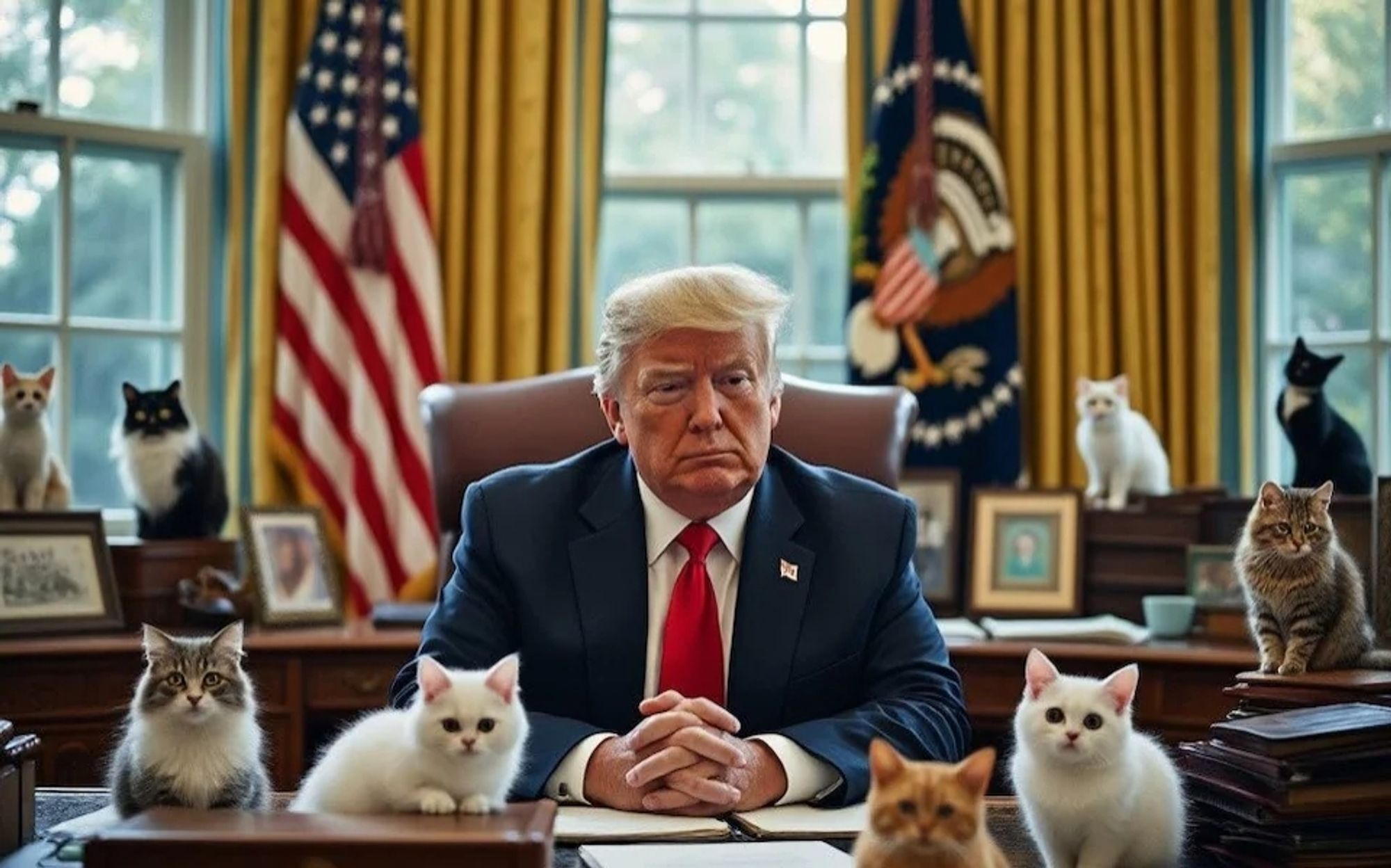 AI-generated image, cats sit on president Trump's table in the presidential office.