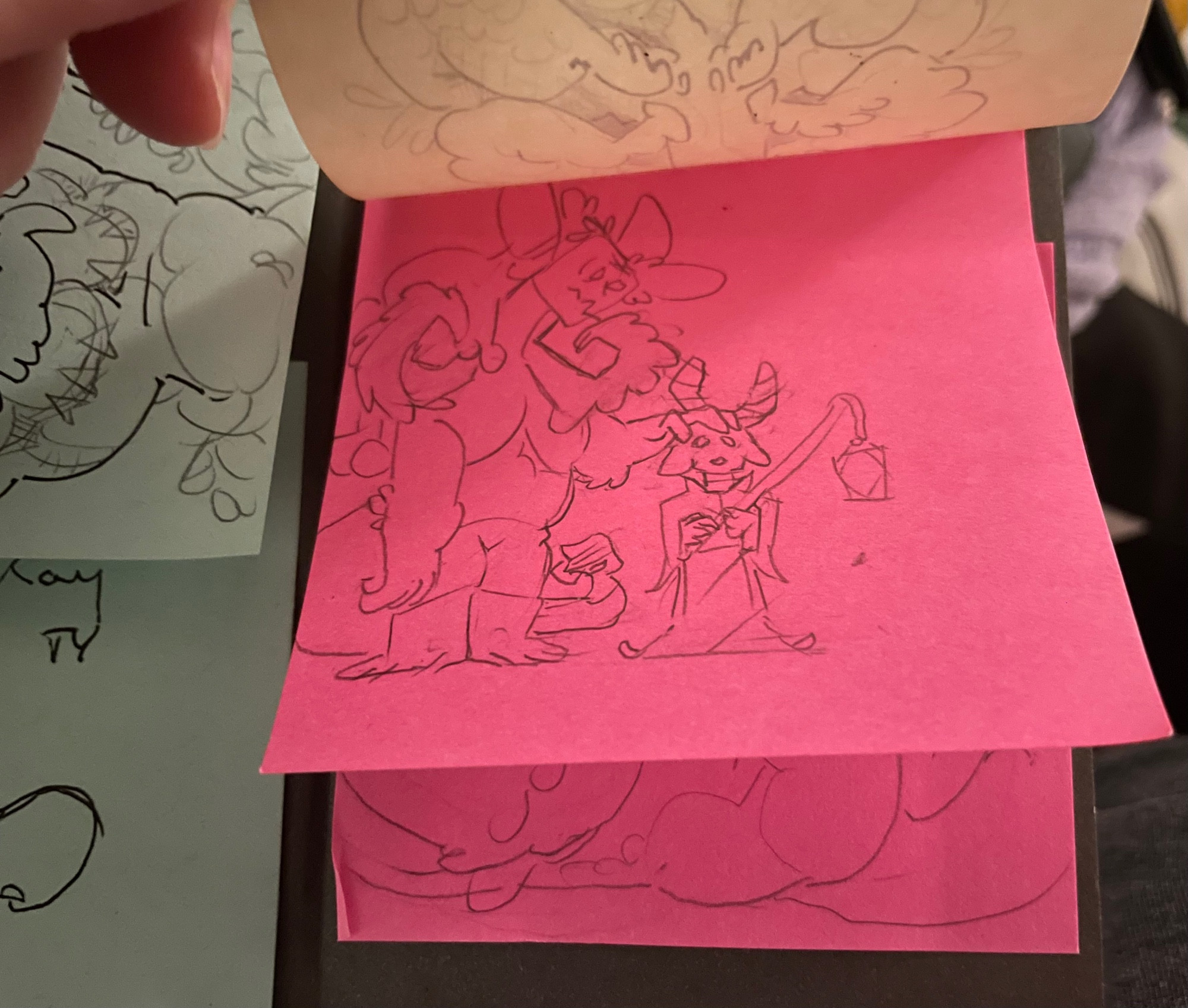 screenshot of a post-it note doodle featuring two characters side by side. the one in the left is a large and fat au ra-elezen. he is hunched over a small padjal on the right.

the padjal is a third his size, and holds a staff with a lamp hung from the staff's crook end. the au ra-elezen is drawn awkwardly patting the padjal on the head.