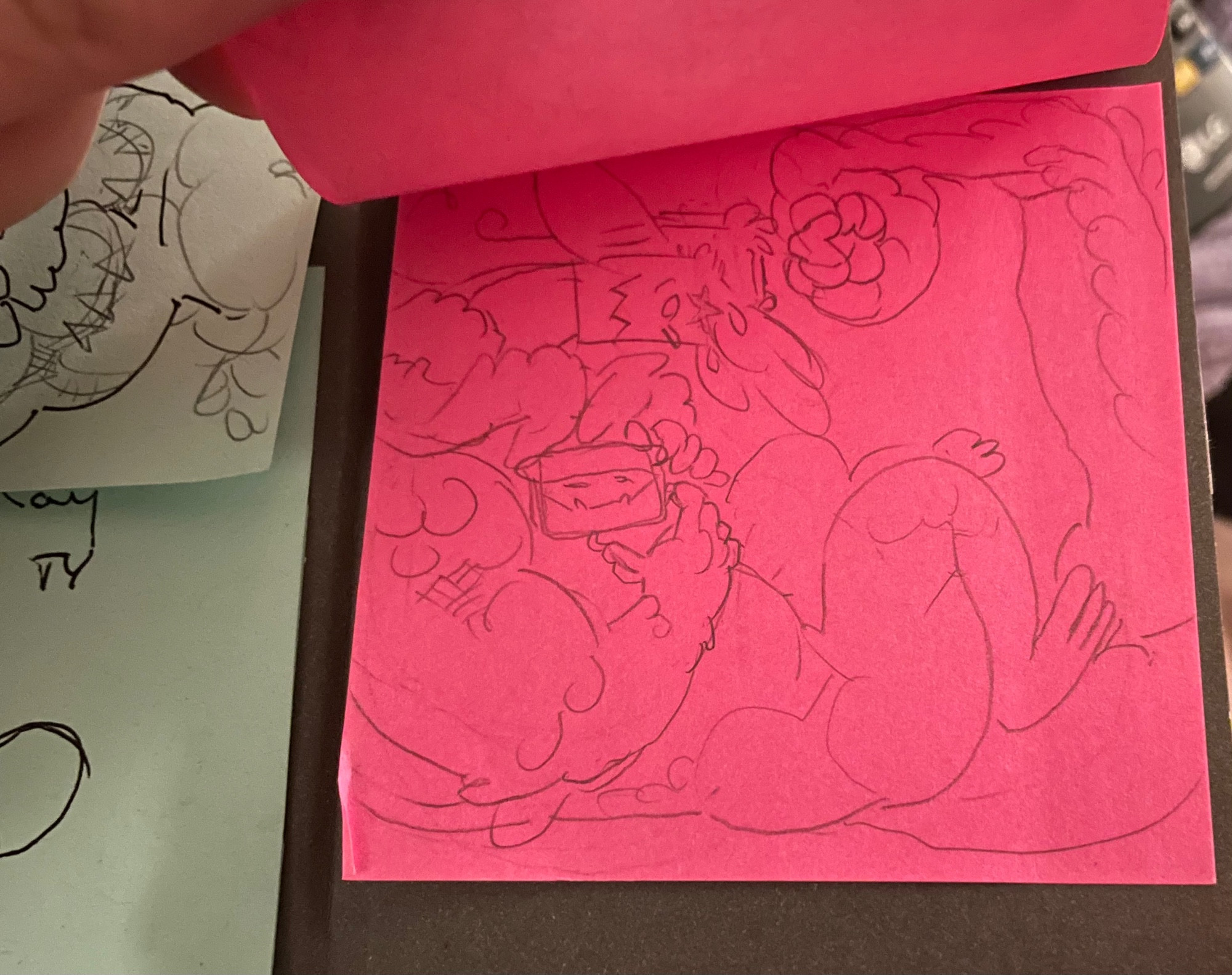 another screenshot of a post-it note doodle. this is the same au ra-elezen character, this time scrunched up to fit the entire frame so that from tail to head he looks like he is trapped in a box. echoing this is a very tiny mimic box with a toothy little face. it rests on his belly and is the focus he is drawn curled up around.