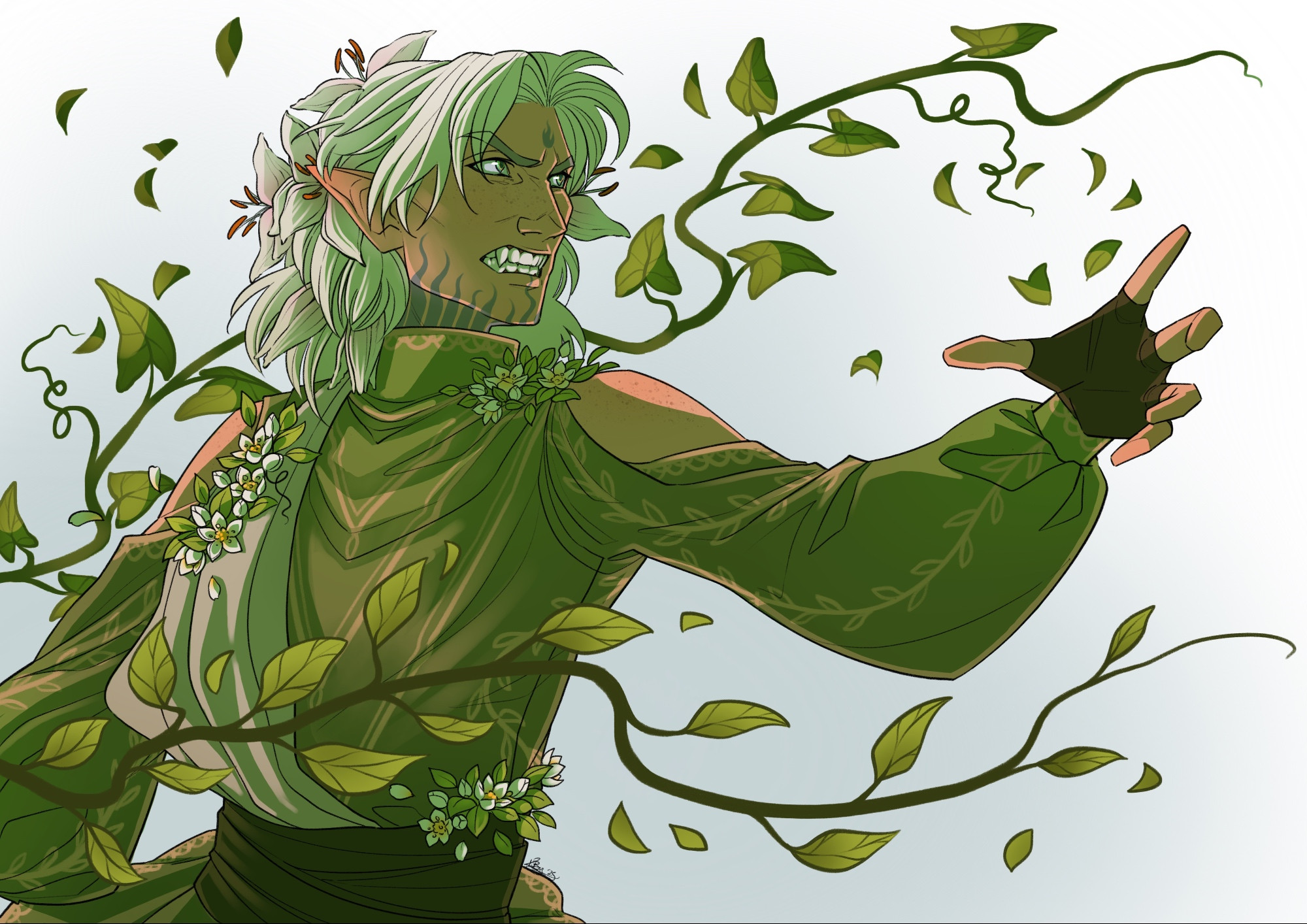 A white haired elf with tan skin wearing a green tunic with a cold shoulder. White lilies are growing from his hair. Fangs bared, he reaches his hand out in a battle stance, controlling vines which manifest from his body.